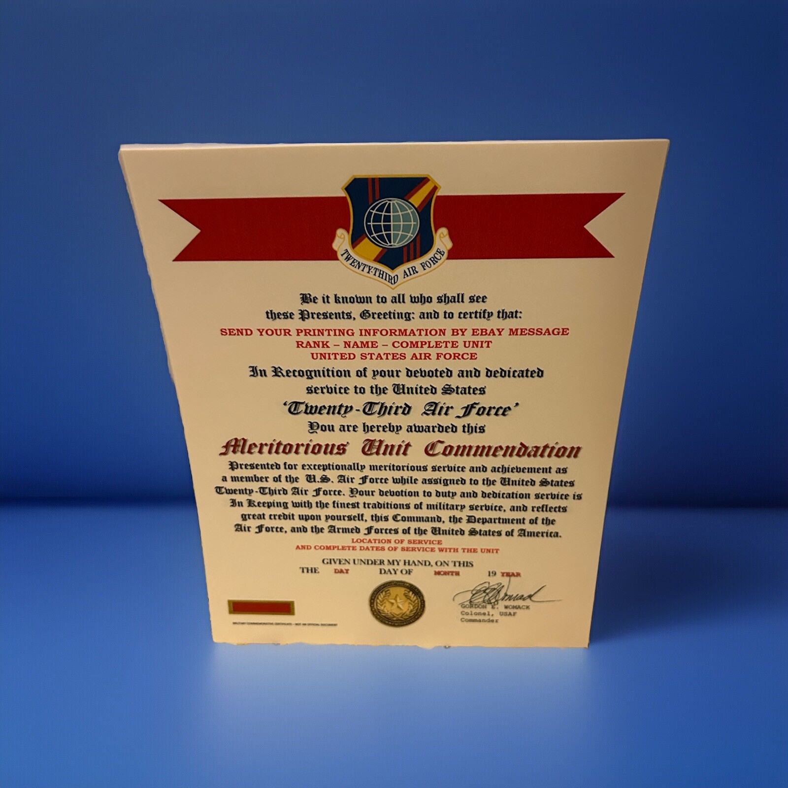 U.S. AIR FORCE / 23RD AIR FORCE - MERITORIOUS UNIT COMMENDATION CERTIFICATE