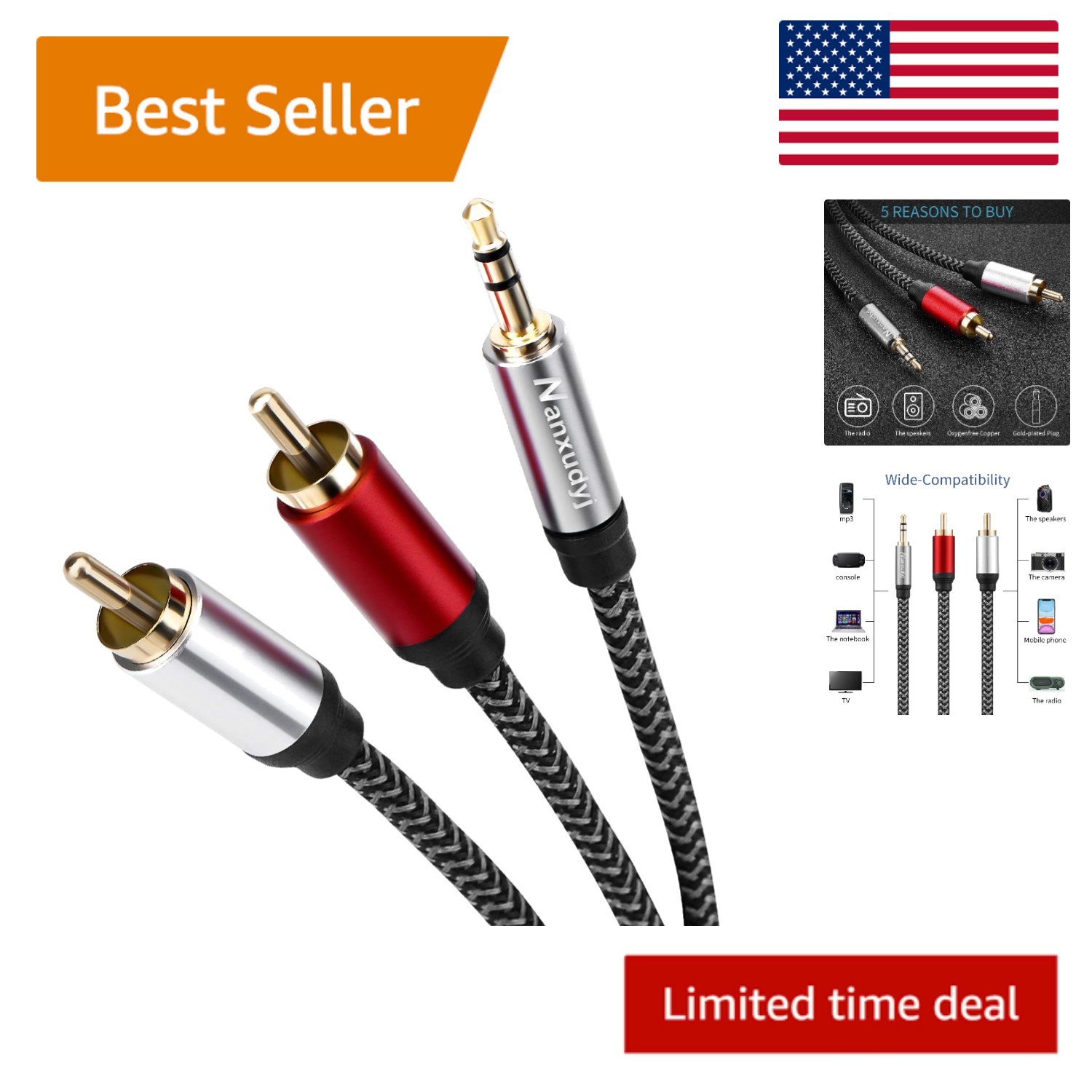 Durable 1ft 3.5mm to 2RCA Cable - Triple Shielded for Optimal Sound Transmission