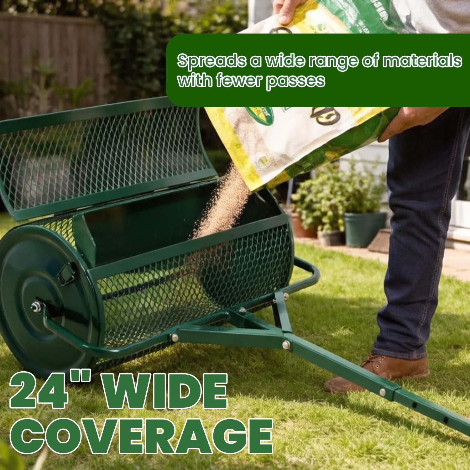24" Peat Moss Spreader Heavy Duty Compost Roller Adjustable T Handle Lawn