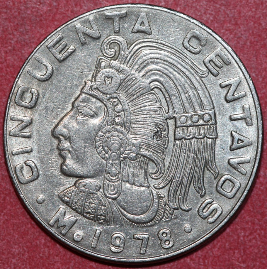 Mexico 1978 50 centavos, Aztec King Cuauhtemoc of Tenochtitlan-Foreign Coin 25mm