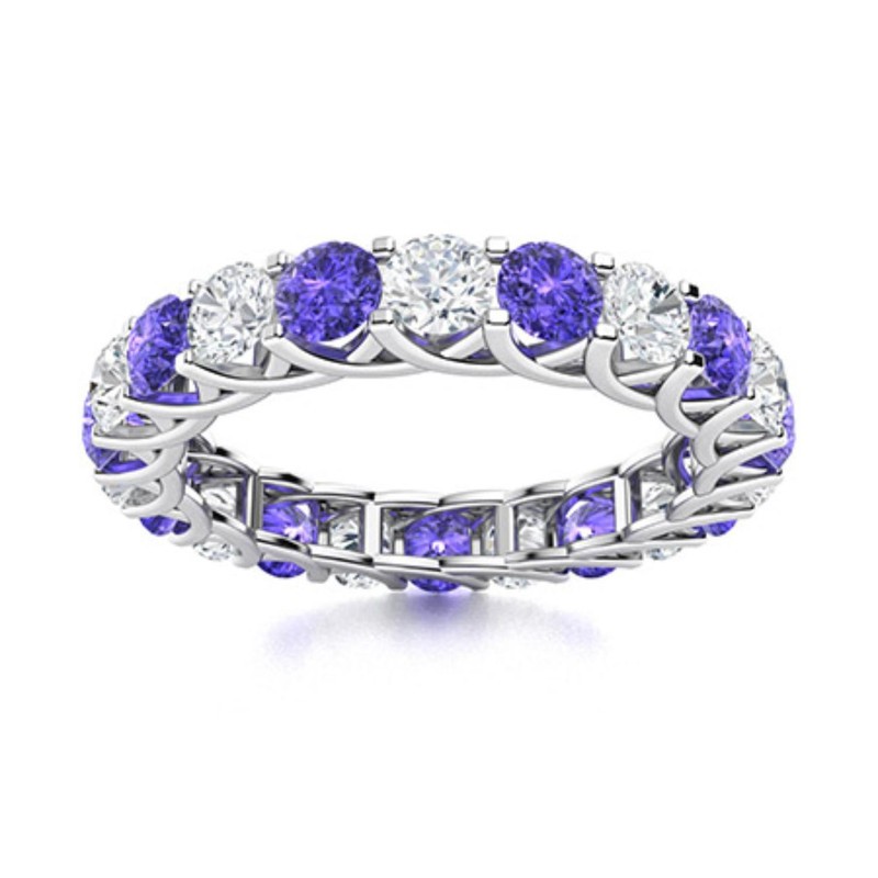 925 Sterling Silver 2MM Round Shape Tanzanite Half Eternity Band Ring For Women