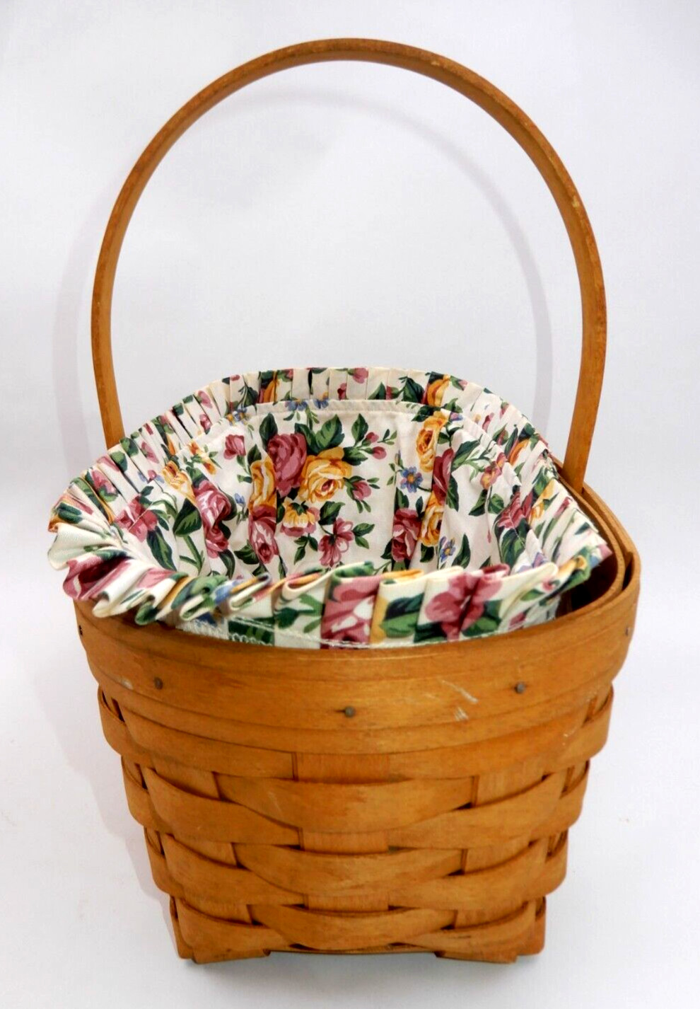 SINGLE HANDLE LONGABERGER BASKET W/ CHORE DIVIDER, PLASTIC & FABRIC LINERS 1999