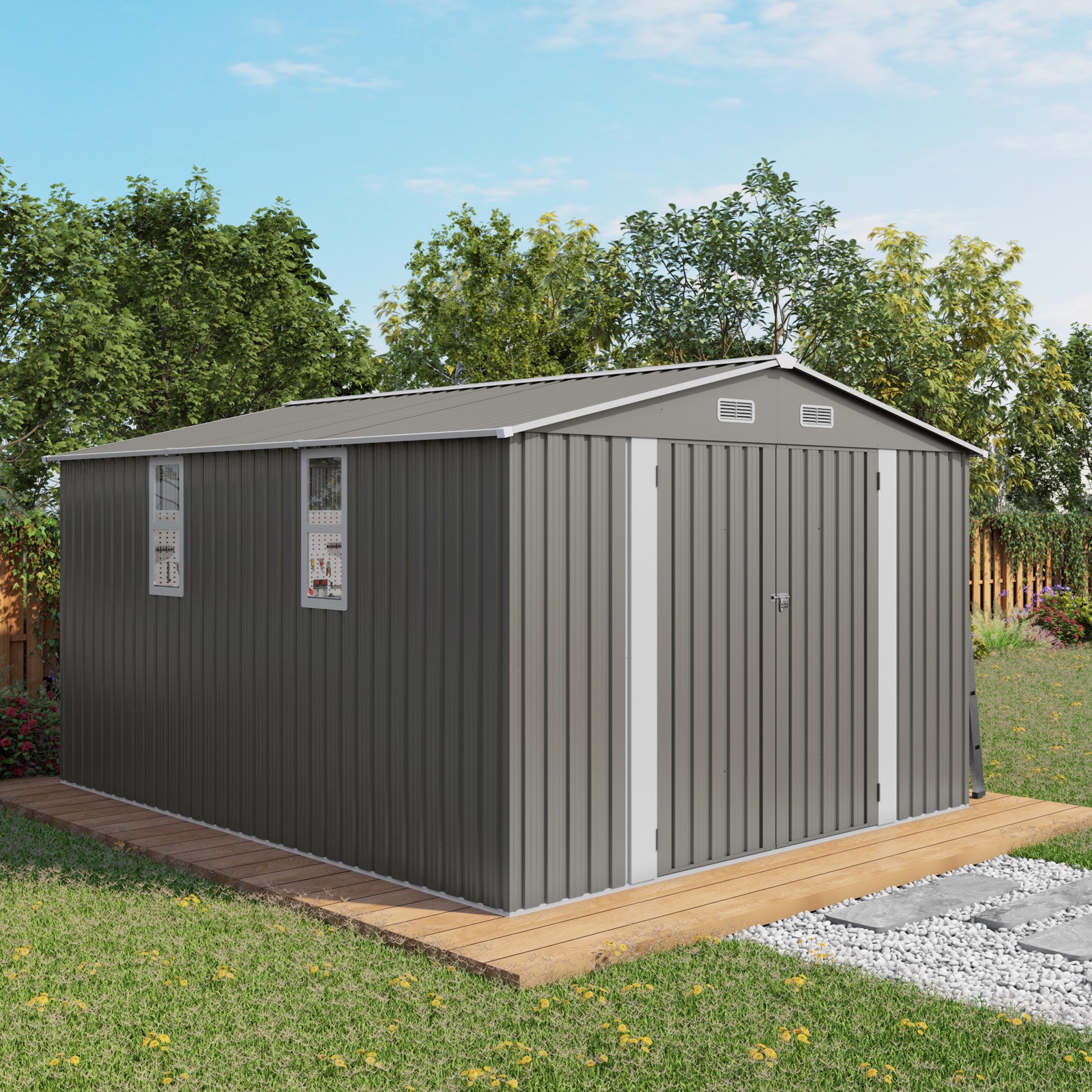 10x12FT Outdoor Storage Shed Large Metal Garden Shed With Double Door And Two Tr