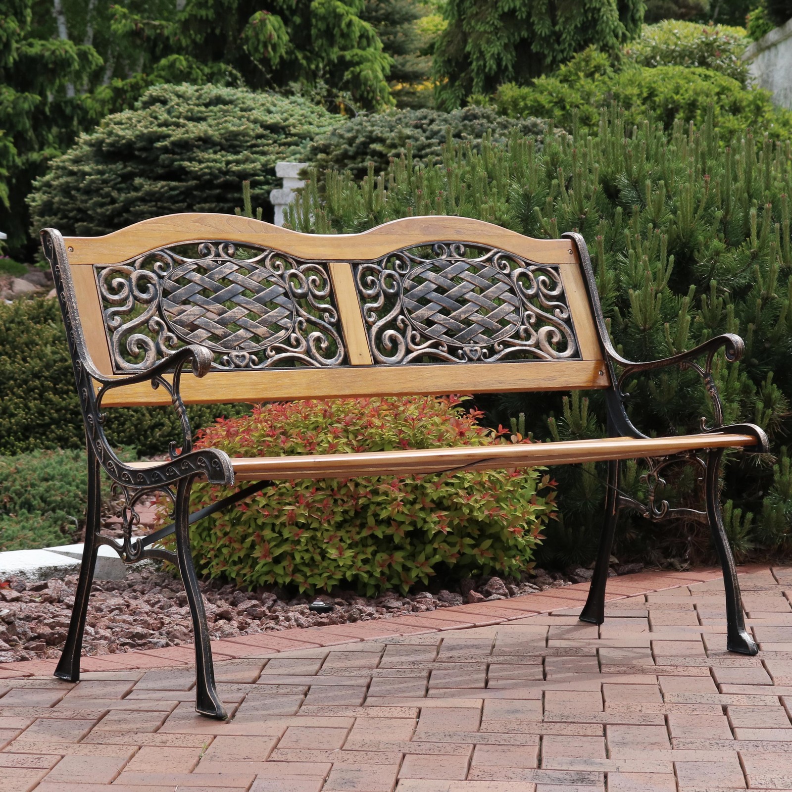 2-Person Ivy Crossweave Cast Iron and Wood Outdoor Garden Bench by Sunnydaze