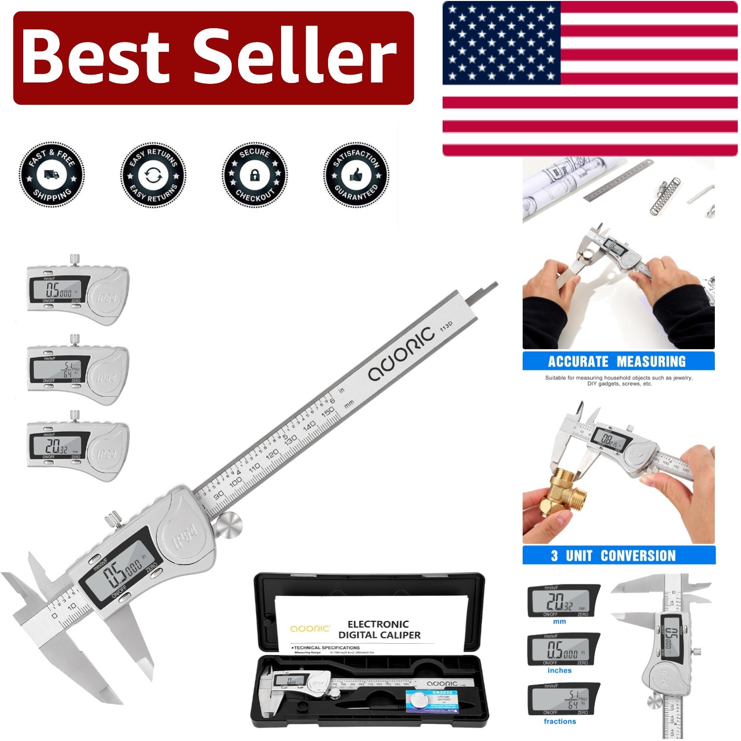 Accurate 0-6" Digital Caliper - Stainless Steel Measuring Tool with LCD Display