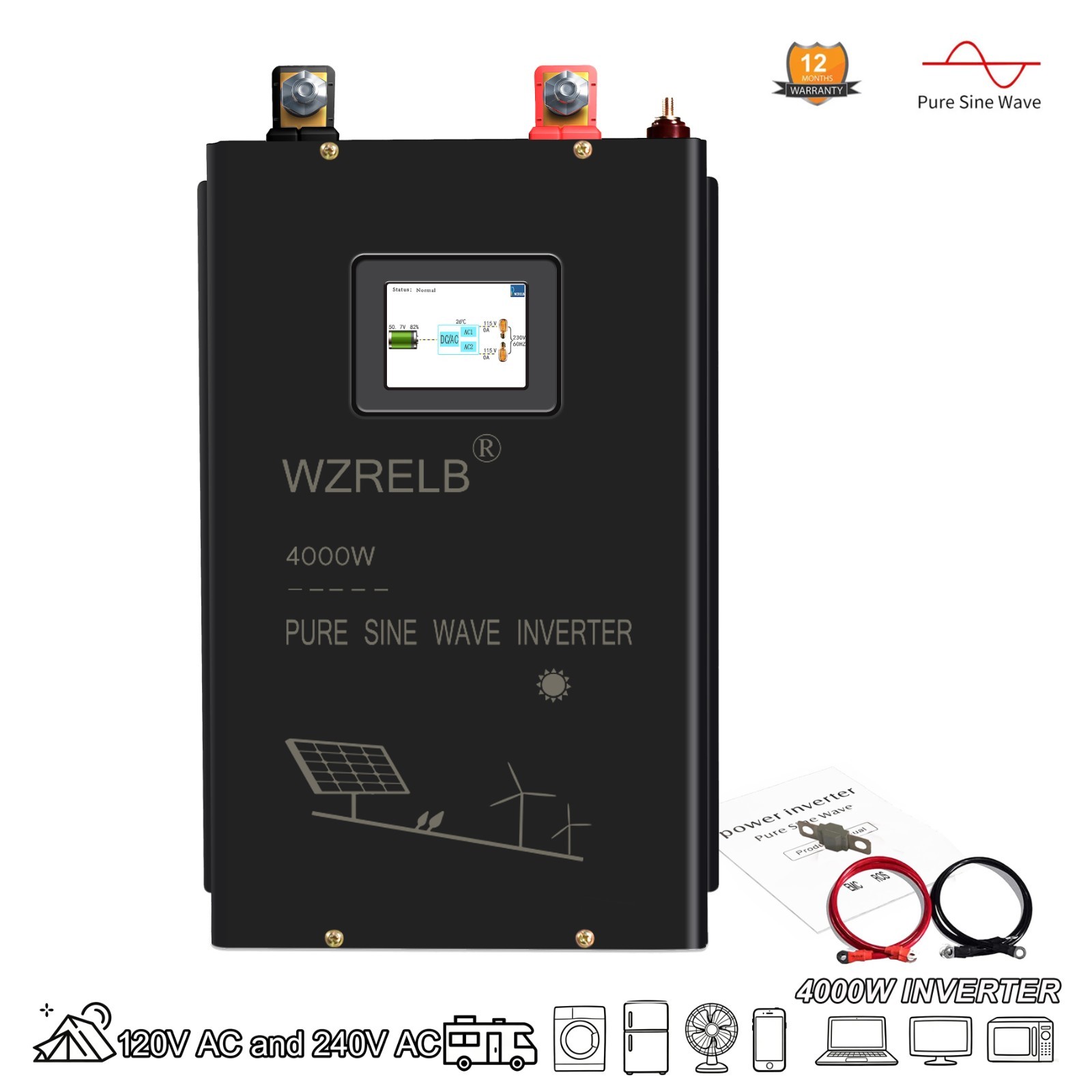 3000-4000W Split Phase Pure Sine Wave Inverter 24V/48VDC to AC120V 240V 5Outlets
