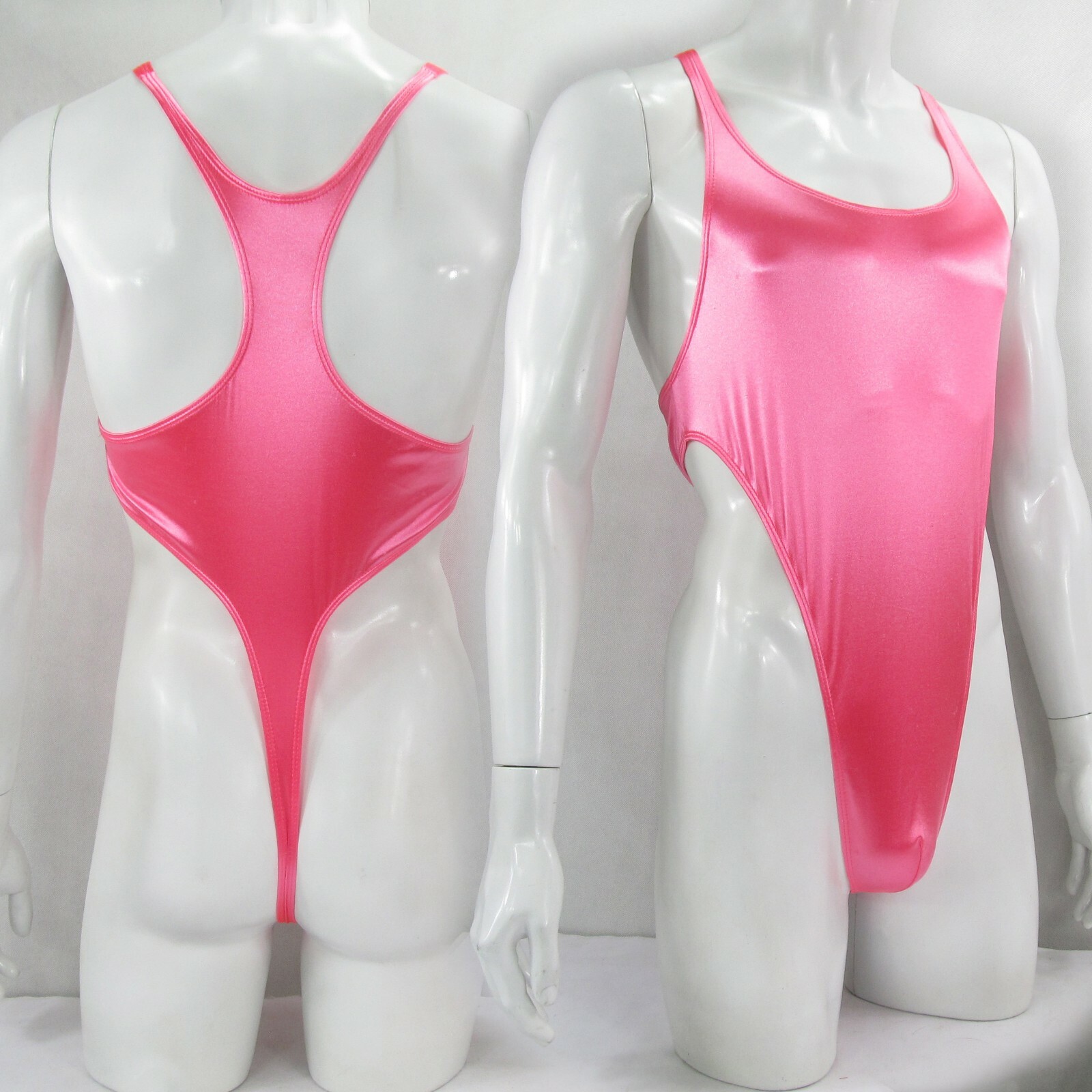 R428 Y Thong Bodysuit Stretchy High Cut Racer Back Shiny Satin / Bubble mesh