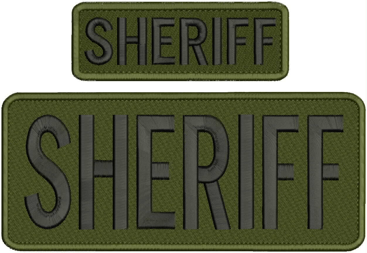 SHERIFF EMBROIDERY  PATCH 4X10 AND 2X5  HOOK ON BACK  BLACK ON OD GREEN