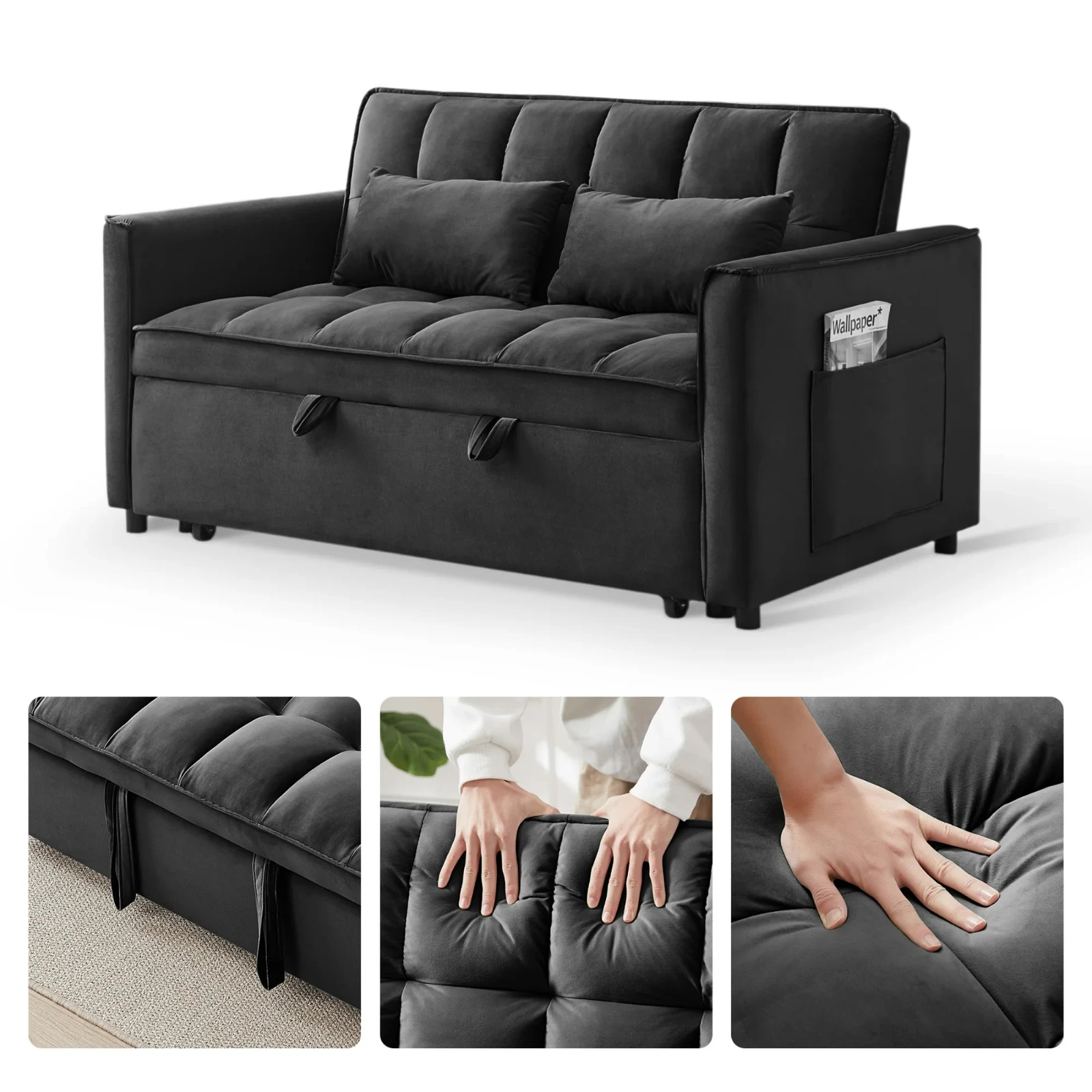 3 in 1 Convertible Sleeper Sofa Bed, Velvet Pull Out Futon Couch