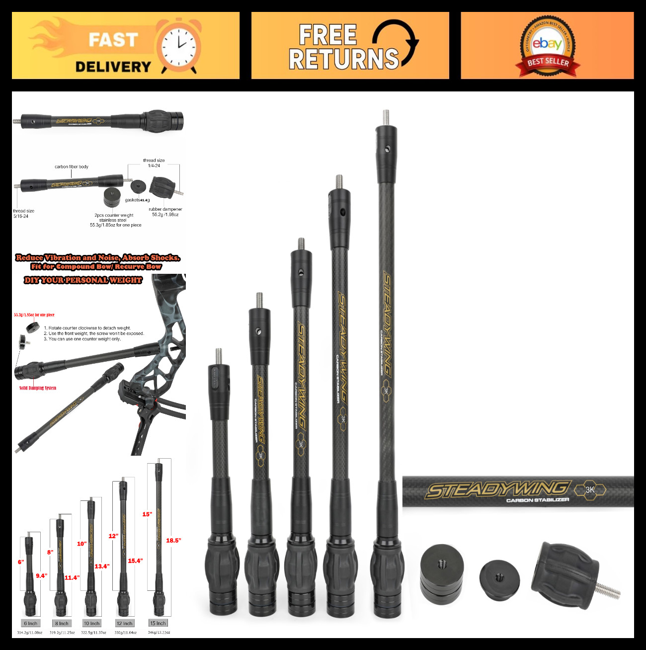 Adjustable Archery Bow Stabilizer 6"-15" for Compound Bows, Carbon Fiber, Dampin