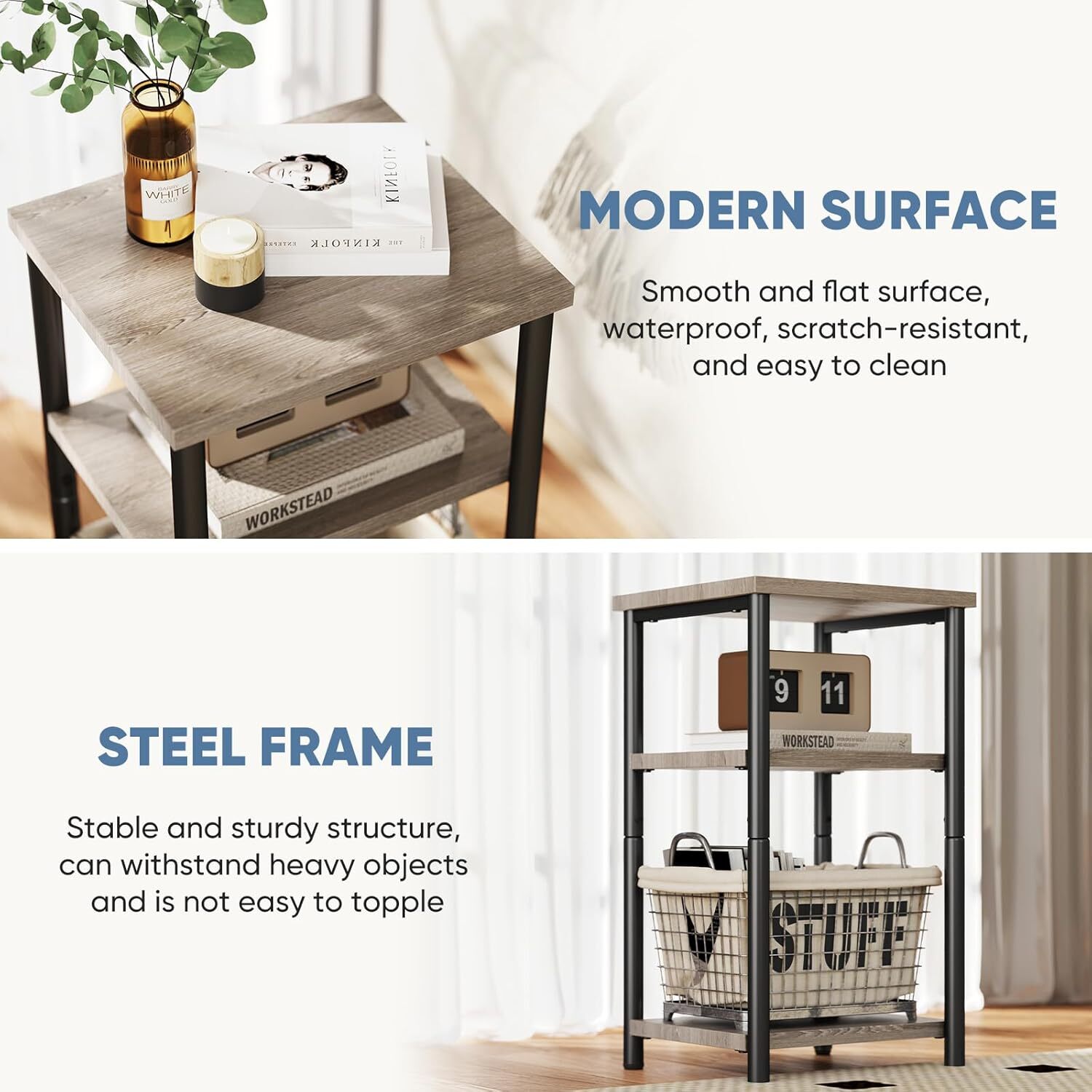 3-Tier End Table Small Side Table Storage Shelf Nightstand with Adjustable Feet