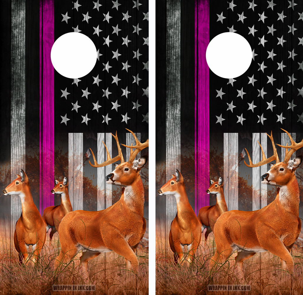 Cornhole Wraps - American Flag Pink Ribbon Buck and Does - Set of 2 Wraps