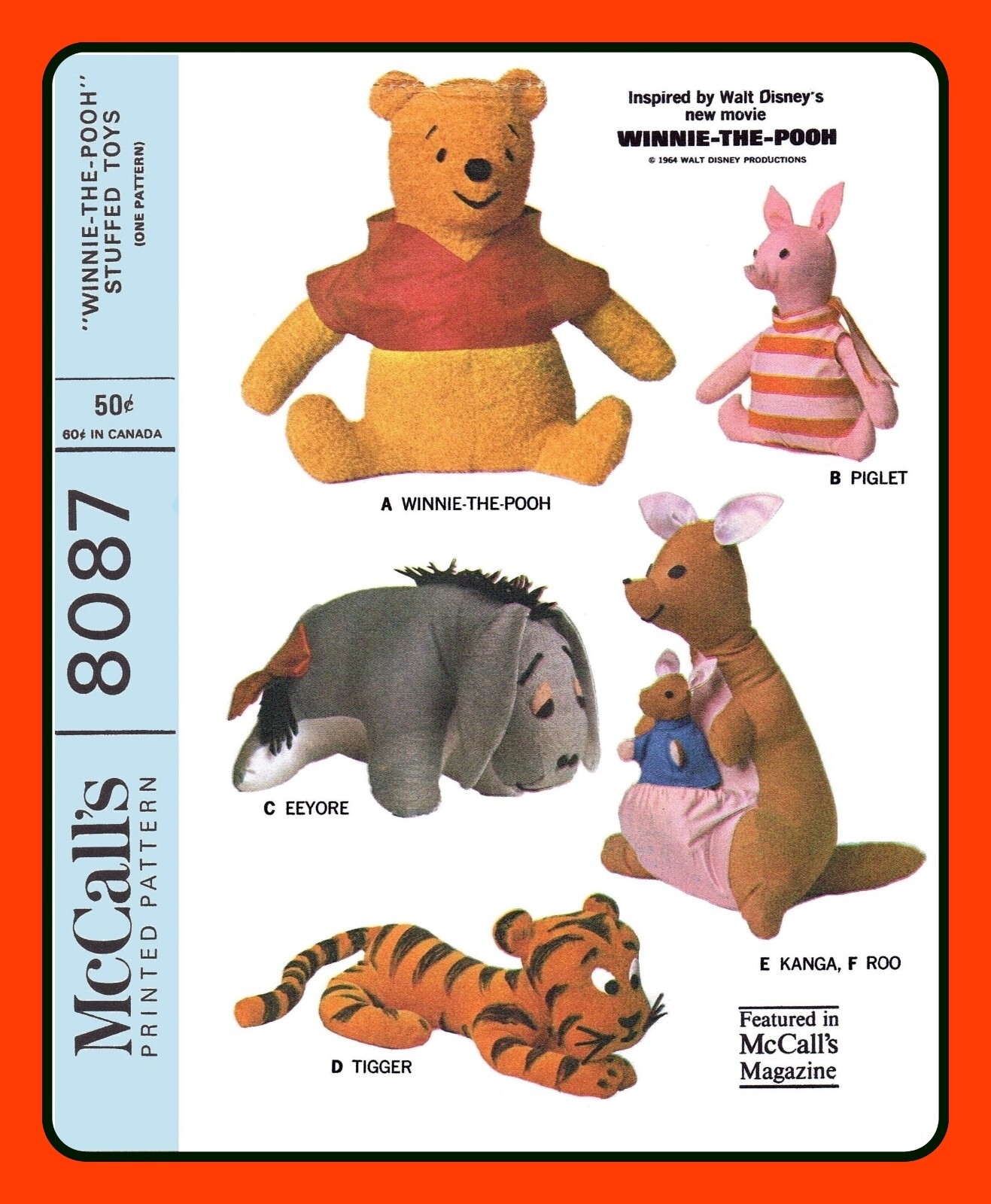 Disney Stuffed Animals Pattern 8087 POOH Tigger PIGLET Eeyore KANGA VTG 1968