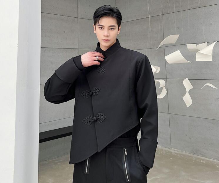 Men's Fashion Chinese Style Stand Collar Long Sleeve PANKOU Black Suit Coats