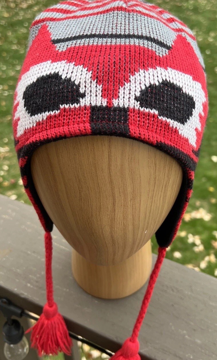 Columbia Hat Beanie Boys Youth  Knit Fleece Lined Winter Tassels Red One Size