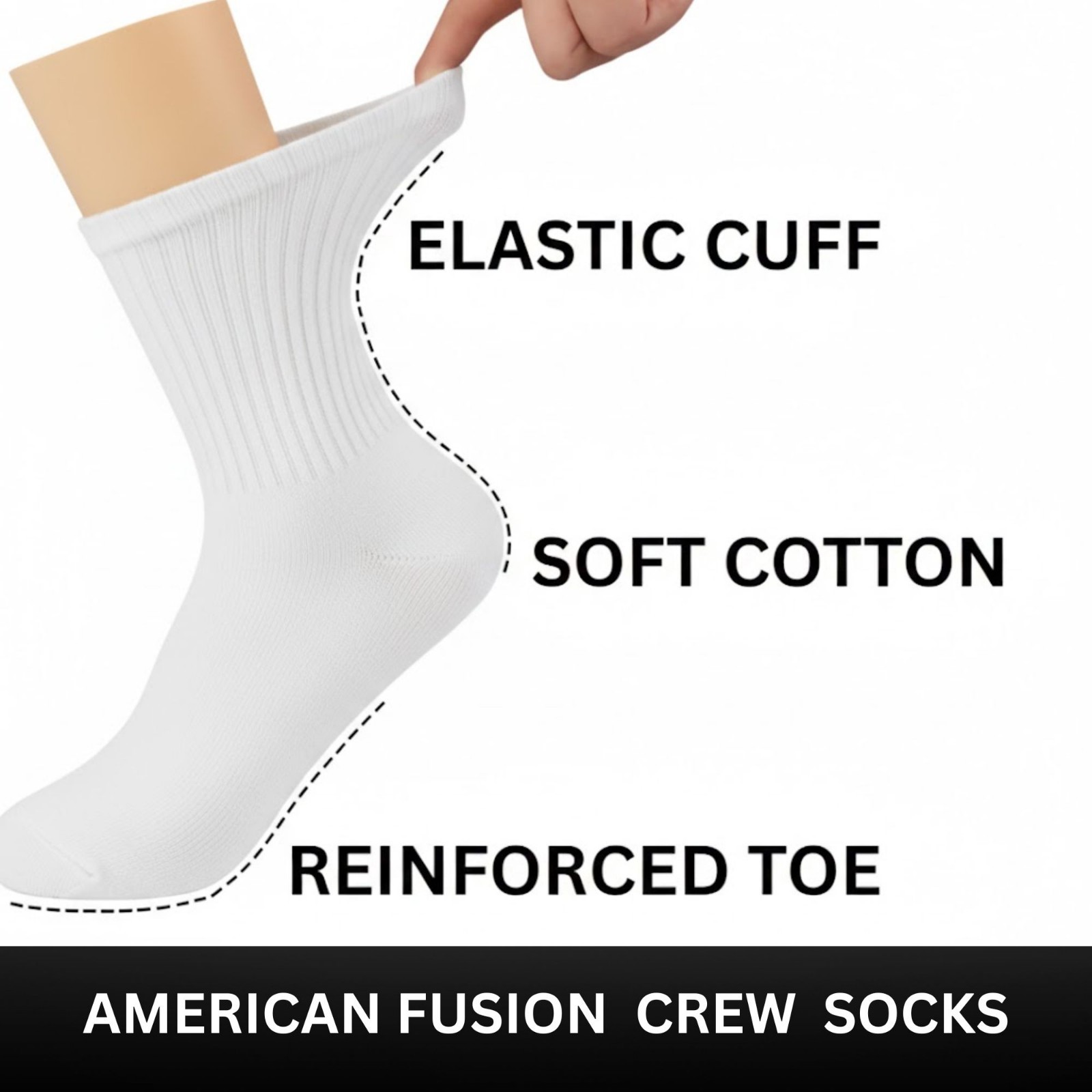 100% Cotton crew socks Pack of 3-12