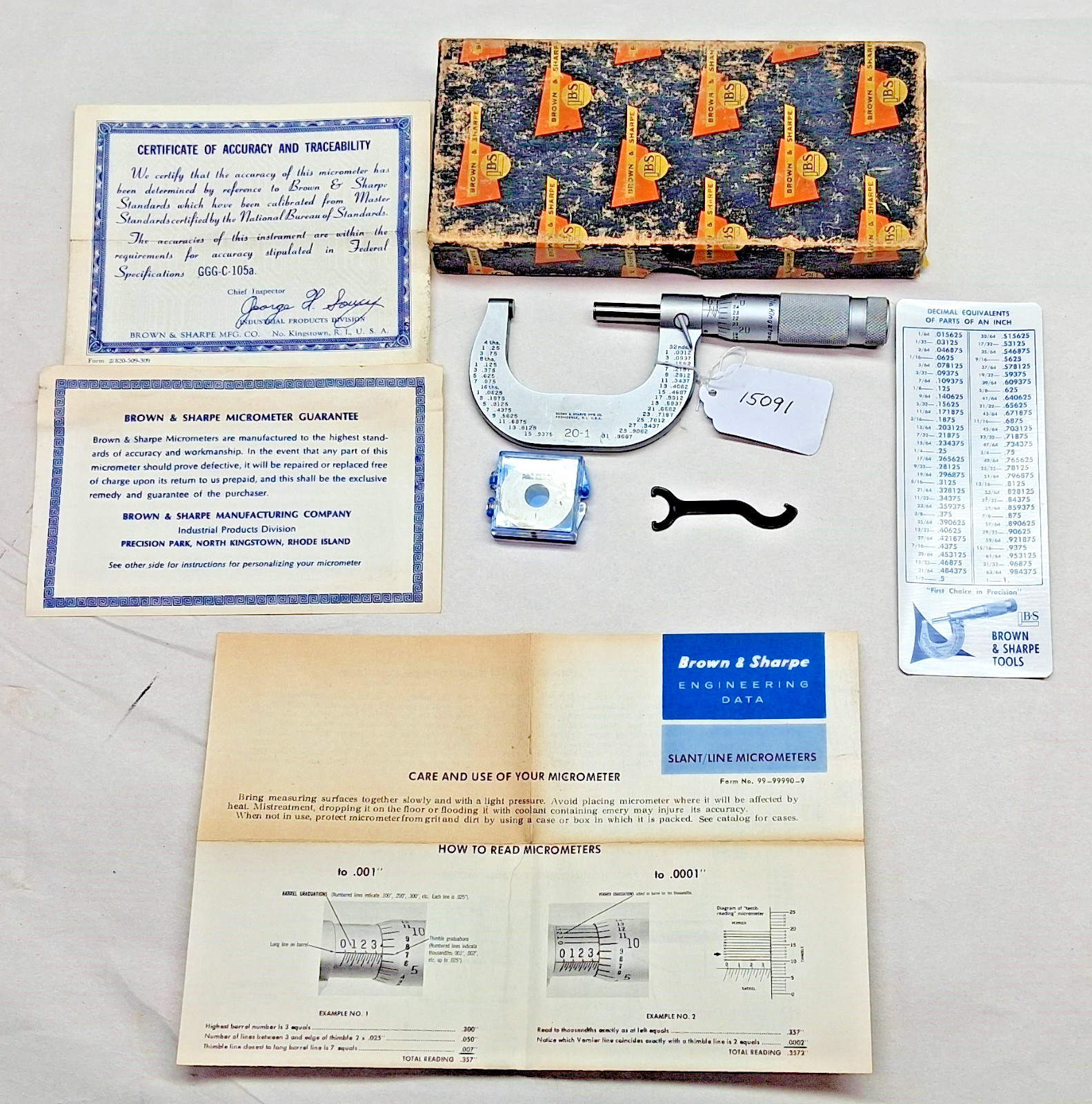Brown & Sharpe No. 20-1, (1 - 2") Machinist Slant Line Micrometer, .0001", USA