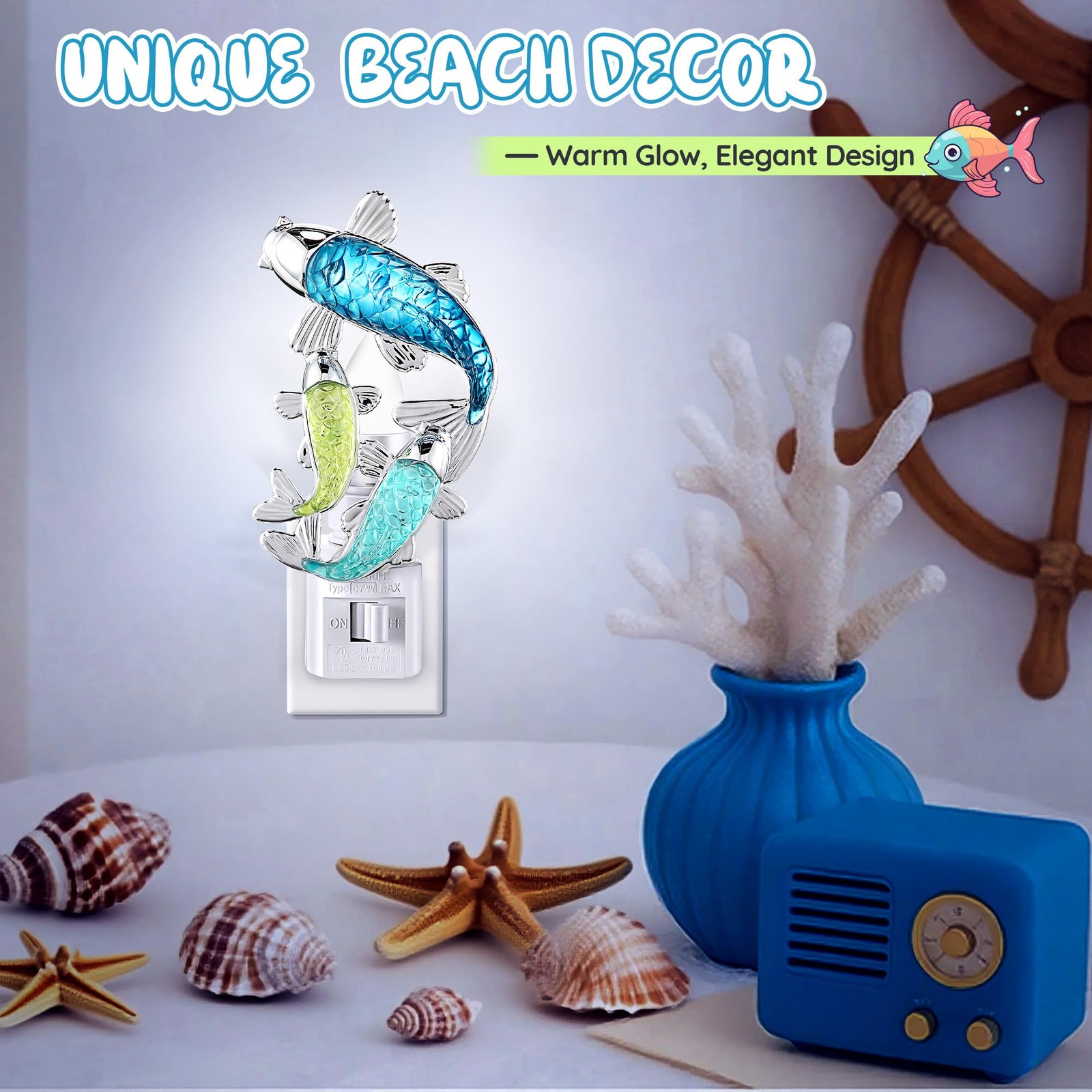 Fish Night Light, Beach Night Light, Plug into Wall Lamp with Manual Switch, ...