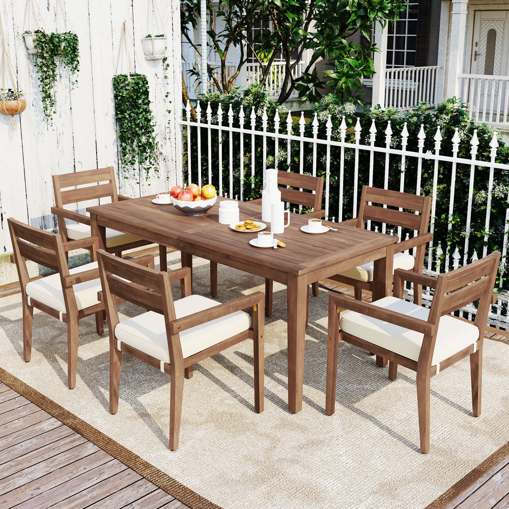 7-Pc Acacia Wood Outdoor Dining Set w/ Cushions - Patio Lawn Garden Poolside