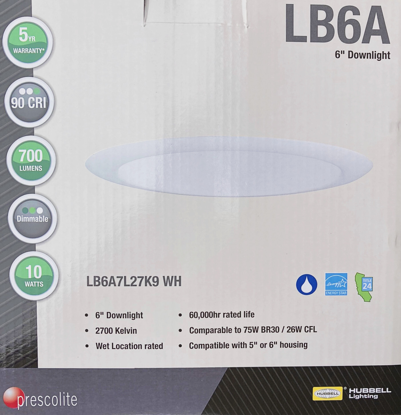 Prescolite LB6A7L27K9 LiteBox 6 inch round LED Downlight and Retrofit Trim,