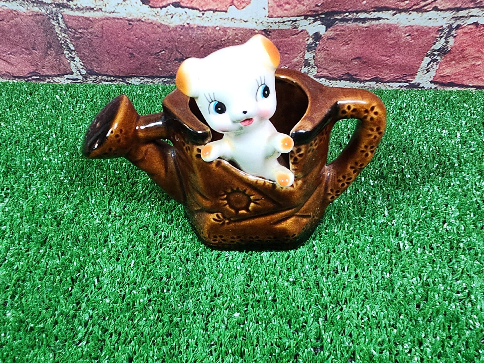 Watering Can with Peeking Puppy Dog Ceramic Planter Japan