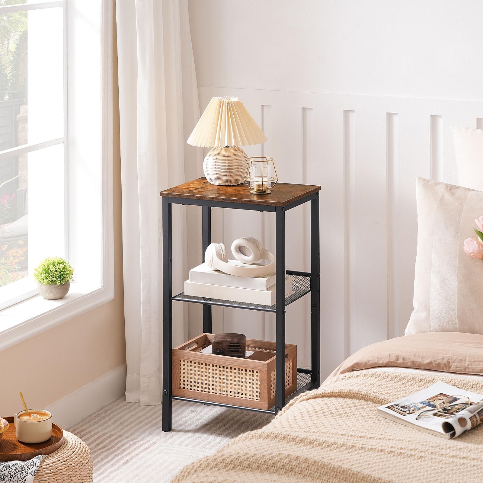 HOOBRO Side Table, Industrial End Telephone Table with Adjustable Mesh Shelves,