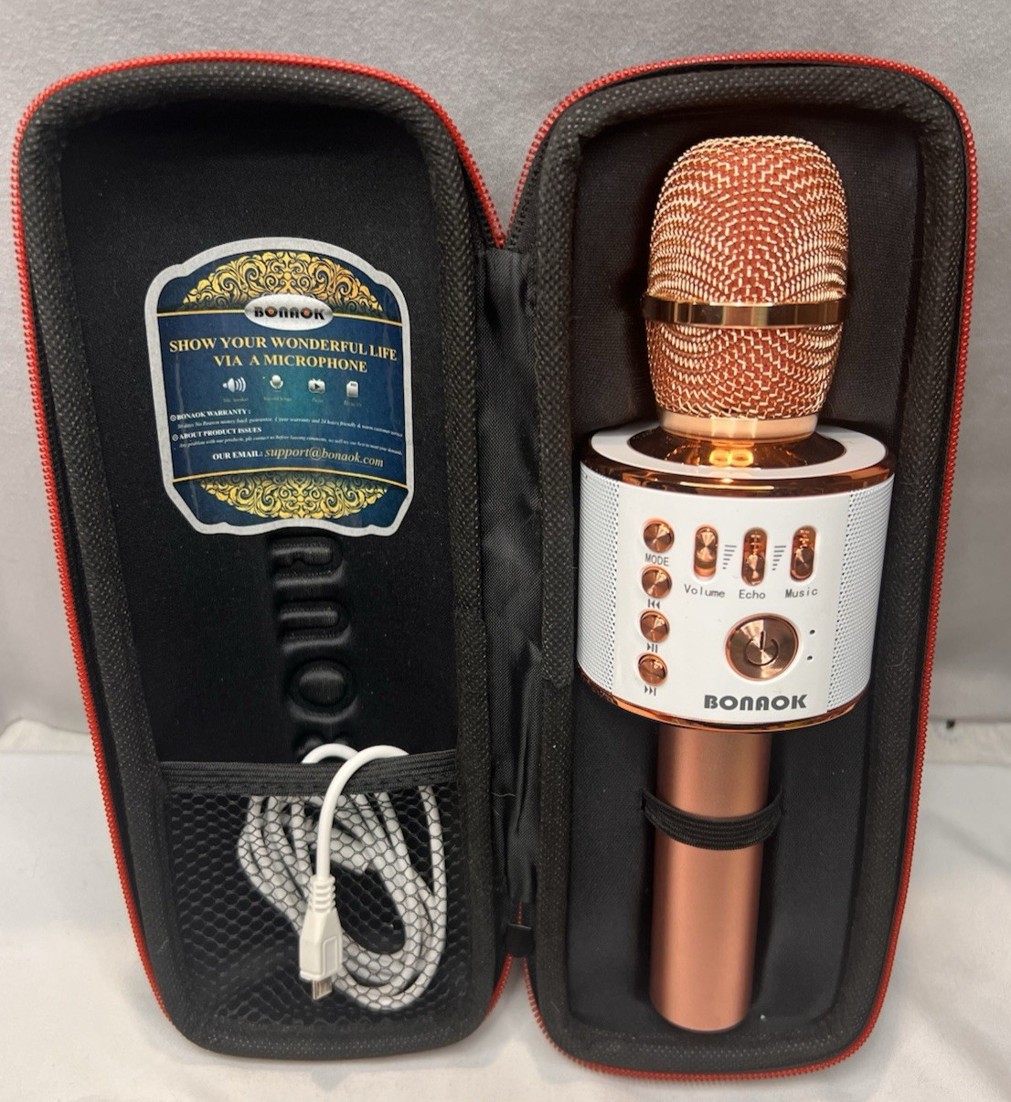 BONAOK Wireless Bluetooth Karaoke Microphone Rose Gold w/ Case & Charger WORKS