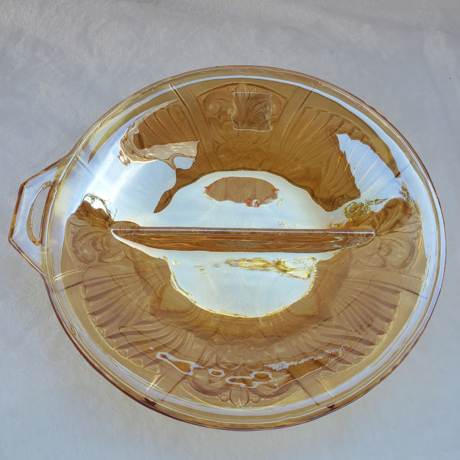 VTG 1960s Indiana Marigold Carnival Glass Divided Relish Dish Killarney Pattern