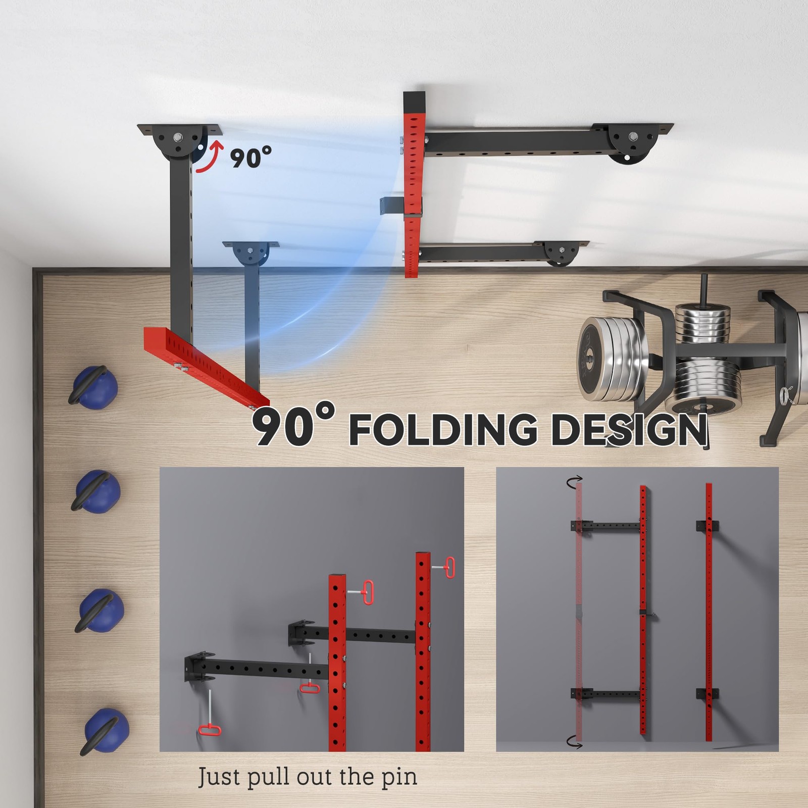 Folding Squat Rack with Adjustable Pull-Up Bar, 1000 Pounds Capacity Wall Mou...