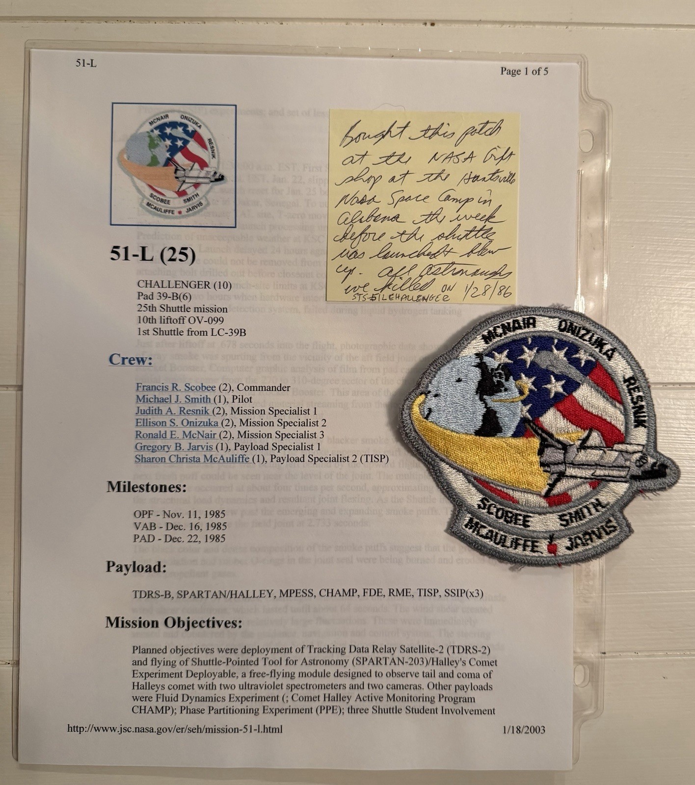 NASA Challenger 10 Patch And Info
