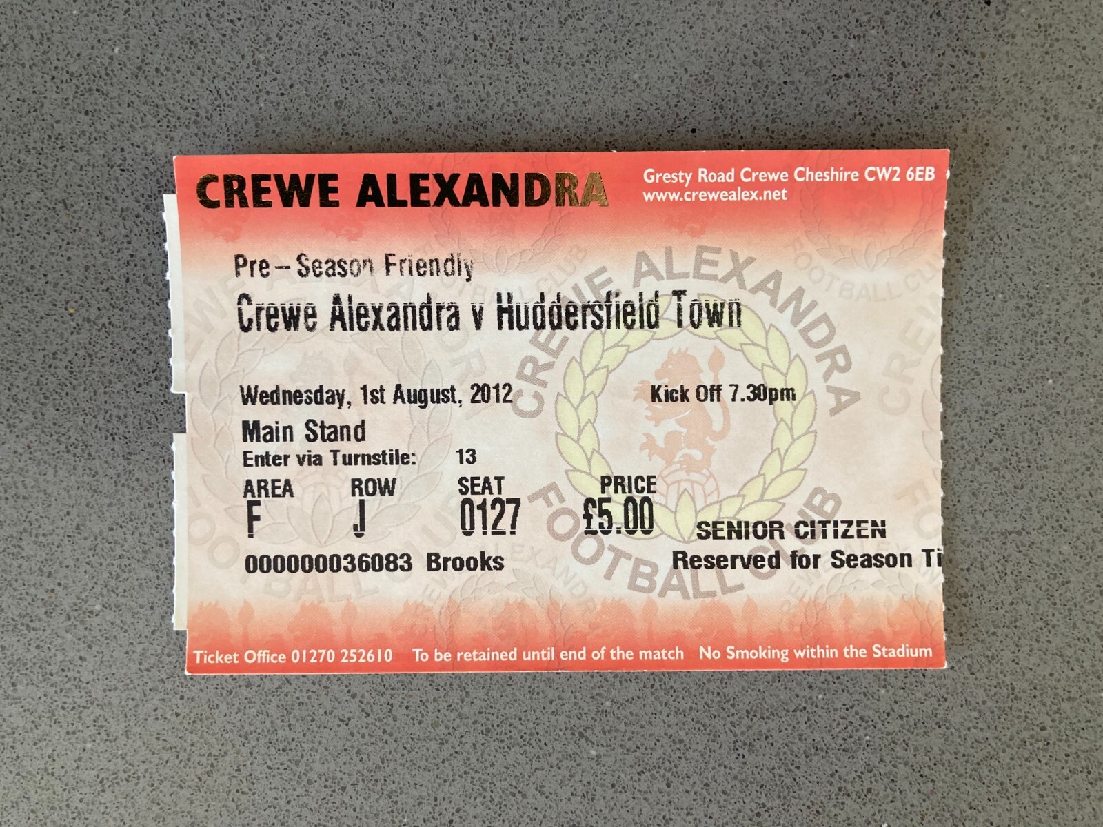 Crewe Alexandra v Huddersfield Town 2012-13 Match Ticket