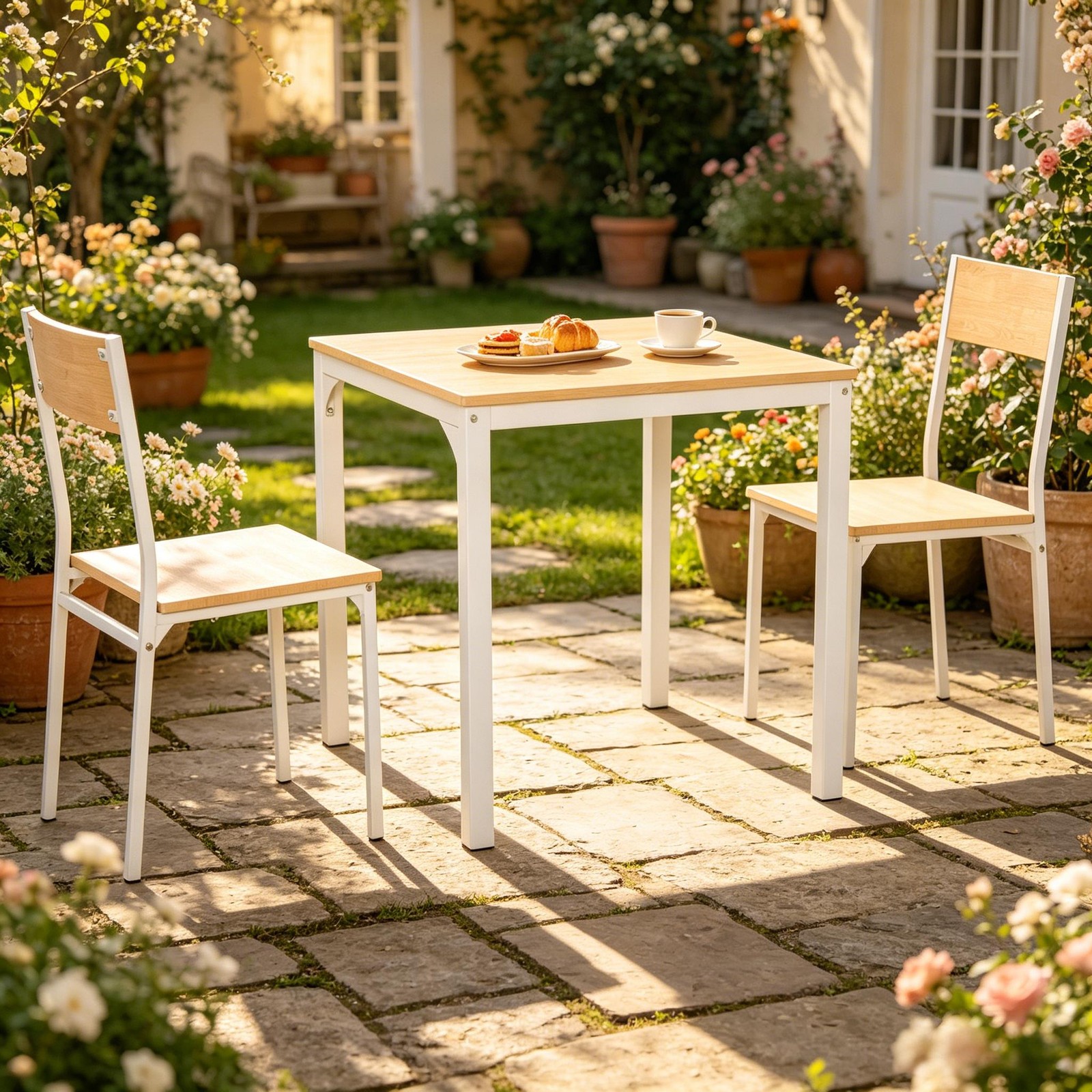 3-Piece Dining Table Set with 2 Chairs, White MDF and Steel