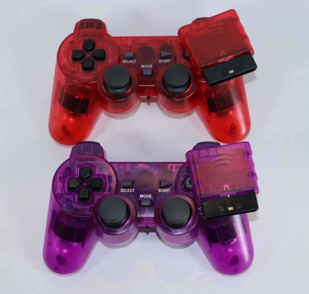 FOR PLAYSTATION PS2 Dual Vibration WIRELESS Controller CLEAR PURPLE/RED SET OF 2