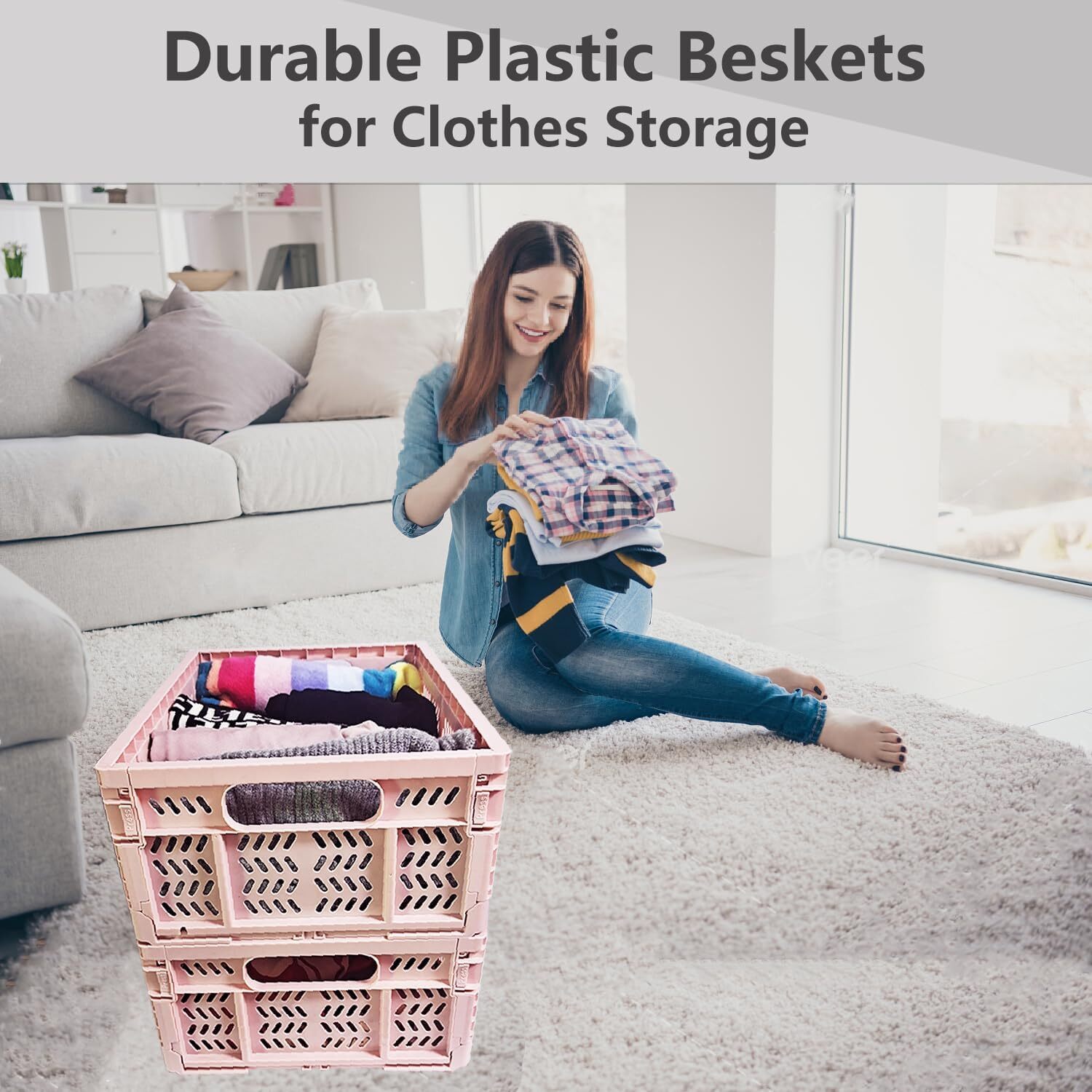 20L Foldable Crates, 4Pack Plastic Baskets for Home and LT PINK-4PACK