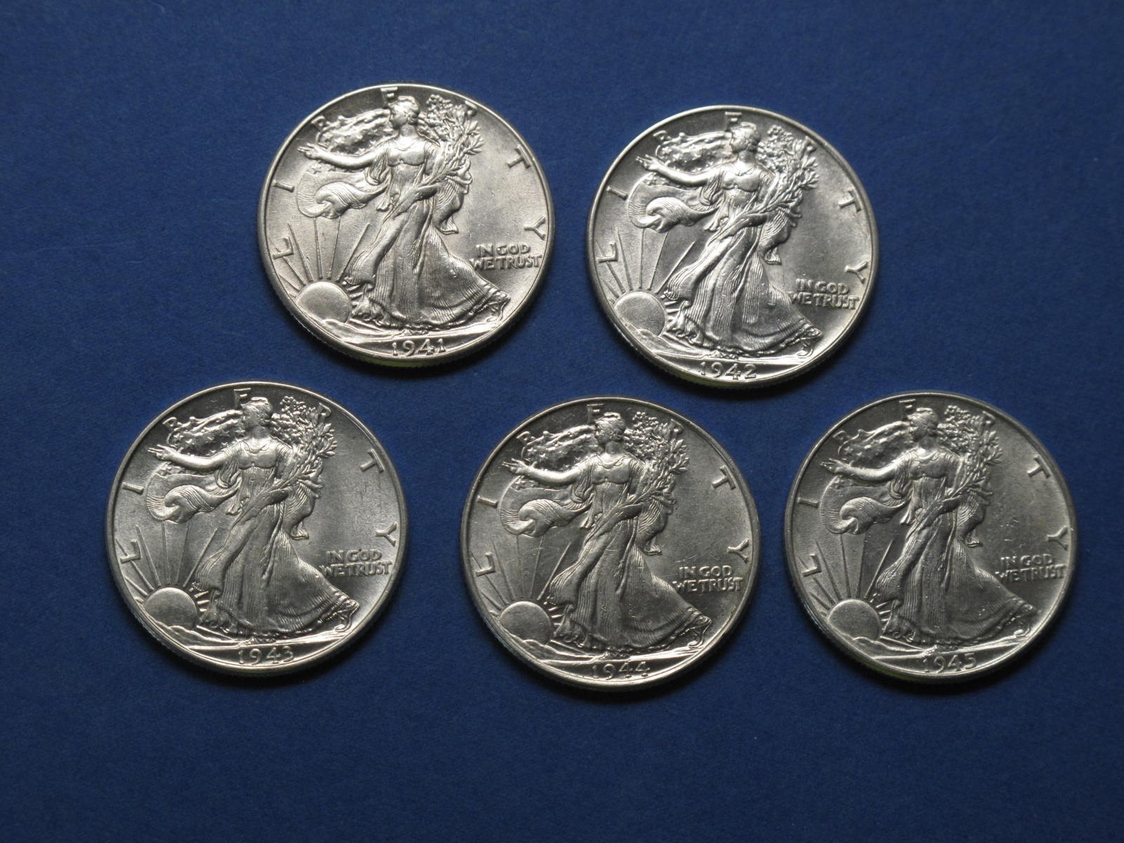 1941-1945P Walking Liberty Half Dollar set of 5 - 90% Silver US coins - BU/AU+