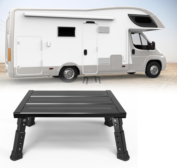 Adjustable RV Step Stool, 3-Step Height Adjustment, Foldable Legs, Wide Anti-Sli