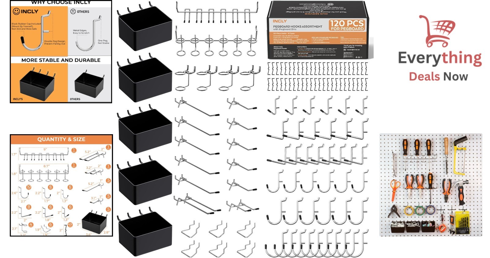 120pc Pegboard Accessories Kit Tool Organizer Hooks & Bins Garage Storage Set