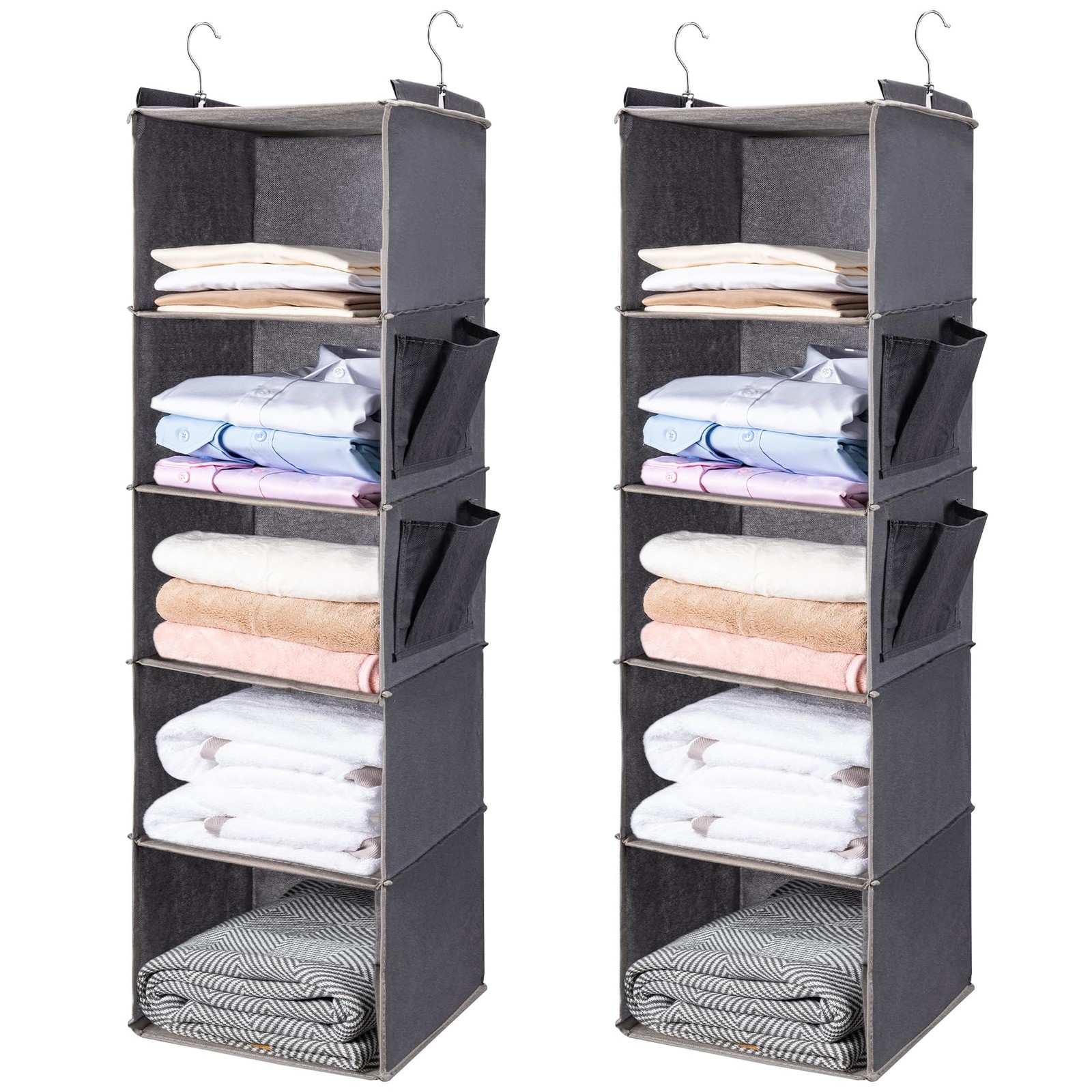 Hanging Closet Organize and Shelves，5-Hanging Shelf with 2 Side Pockets，Stora...