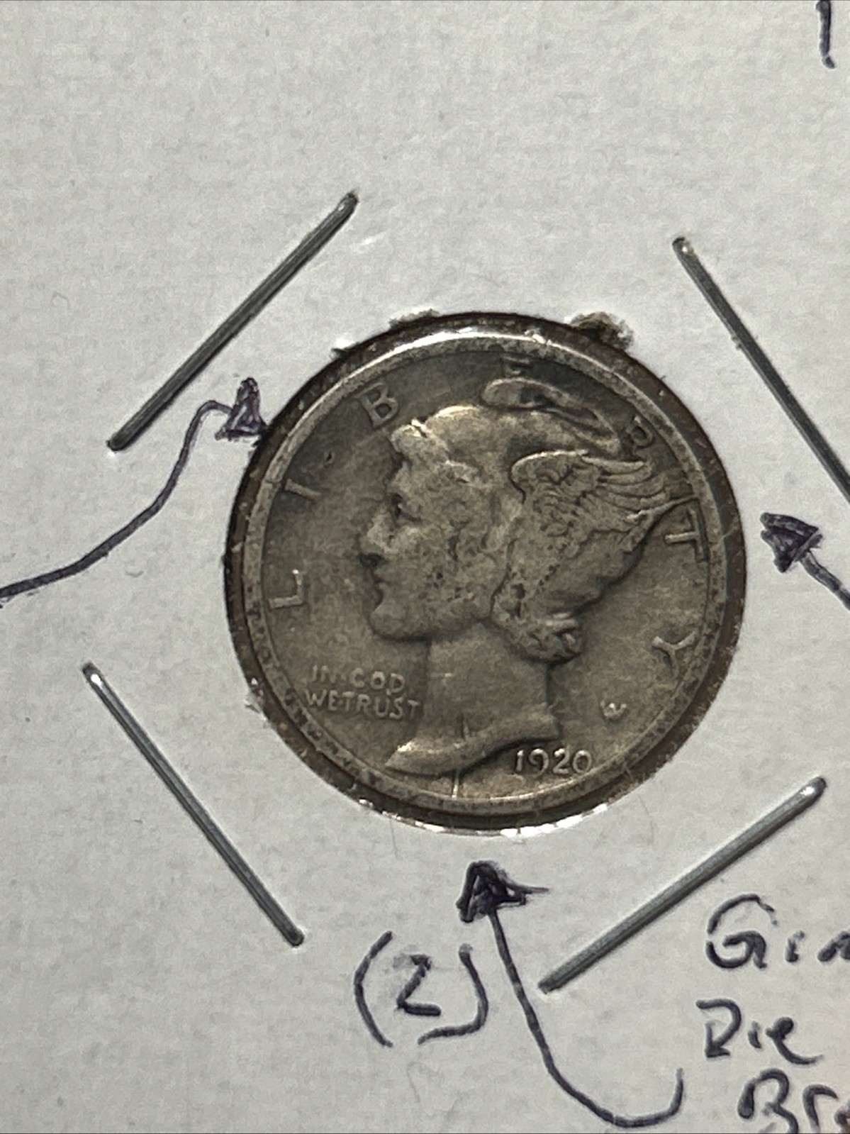 1920-D Mercury Silver Dime BIG DIE CRACK Error Massive Die Cracks
