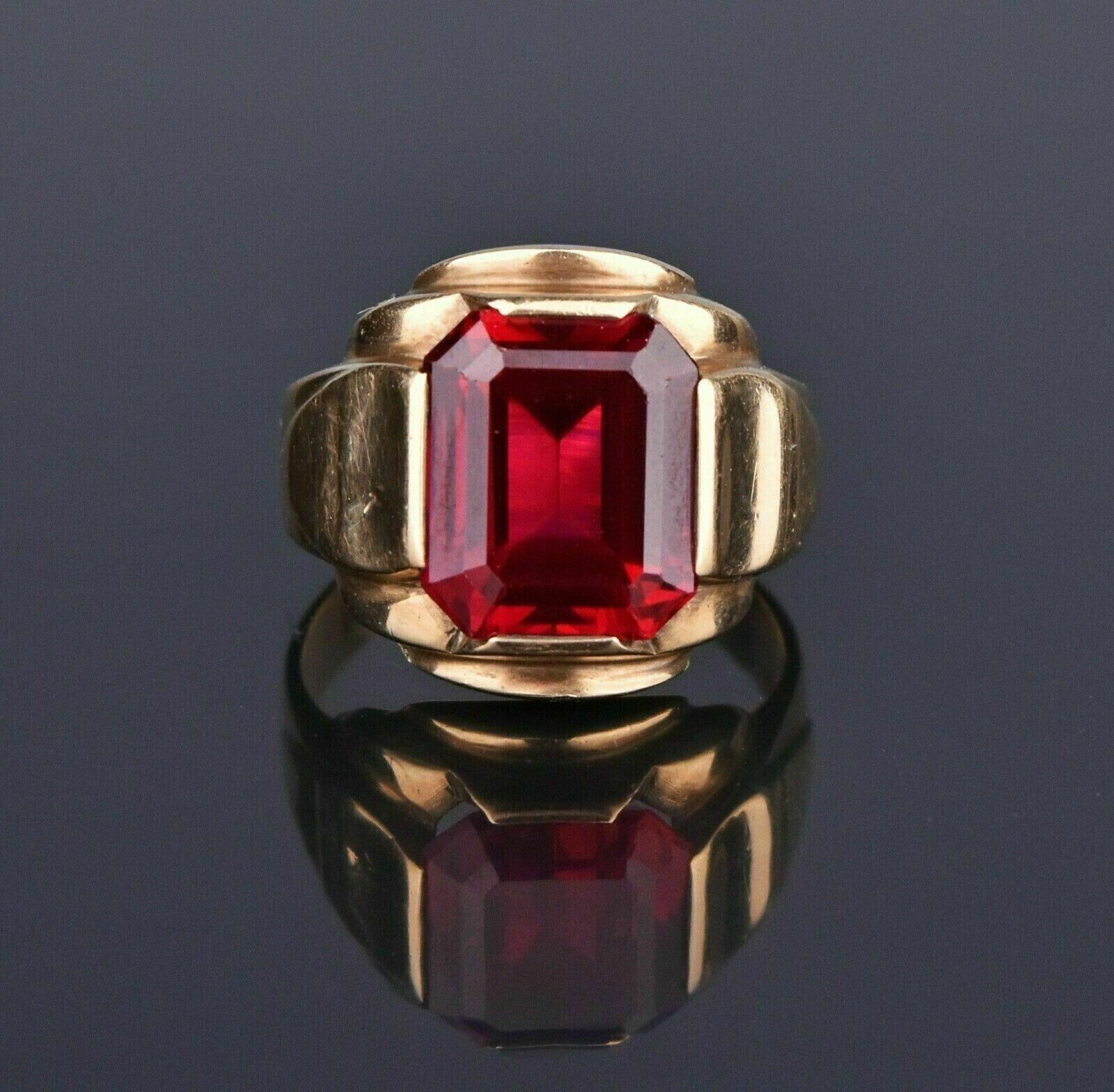 Valentine Gift Emerald Cut Lab Created Red Ruby Men's Ring  14k Yellow Gold FN