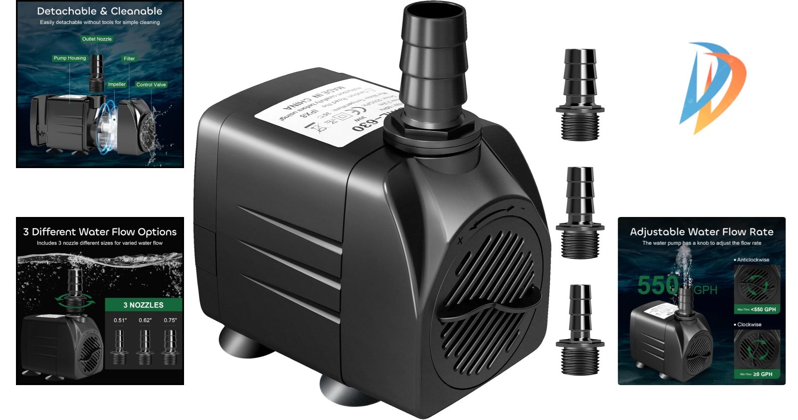 Multi-Functional Aquarium Pump with 7.2ft Lift – 3 Adjustable Nozzles Included