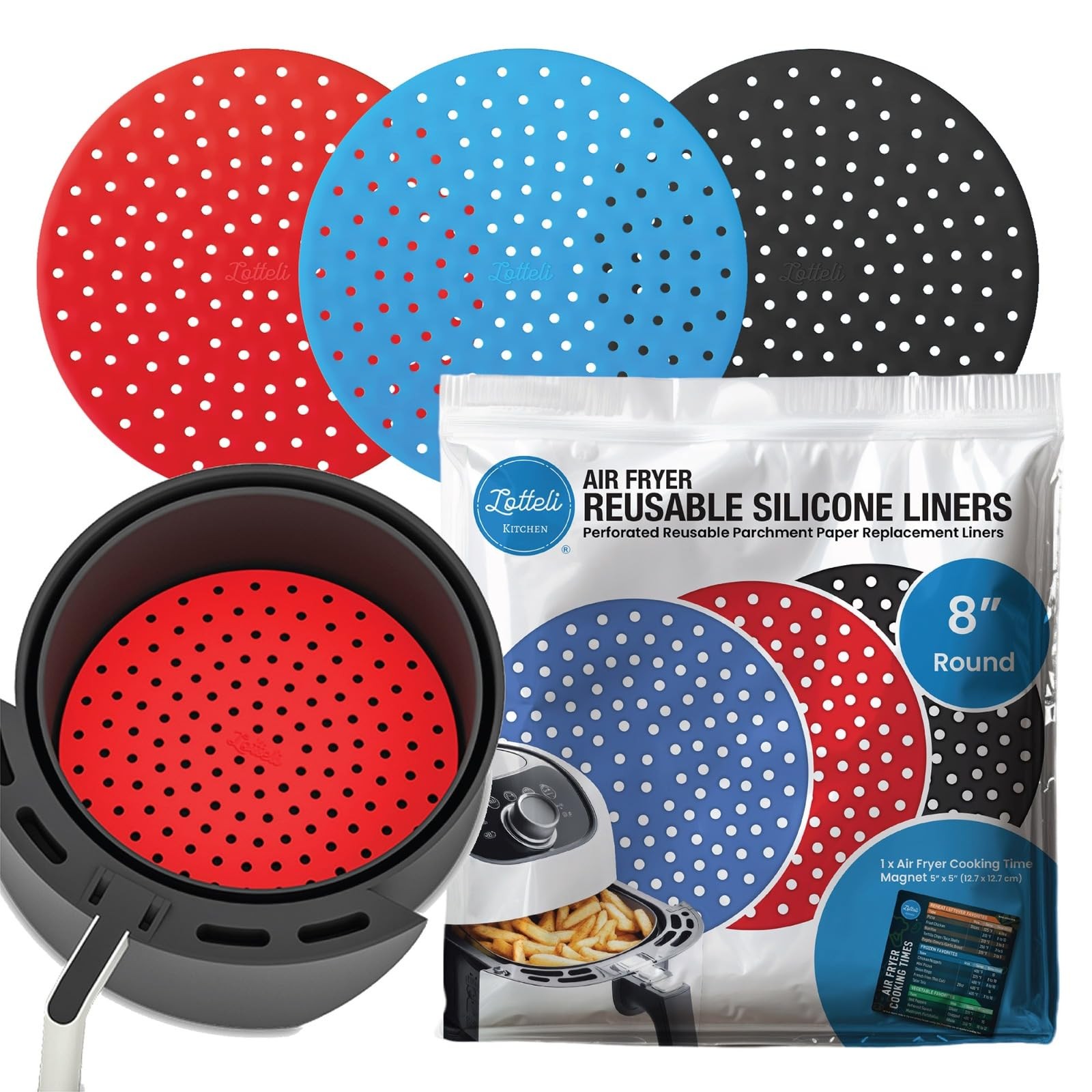 Lotteli Kitchen Reusable Air Fryer Liners, 8 in Round 8", Blue Red Black