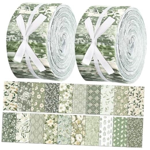 100 Pcs Quilting Fabric Roll 2.56 Inch Fabric Sage Green Vintage Floral