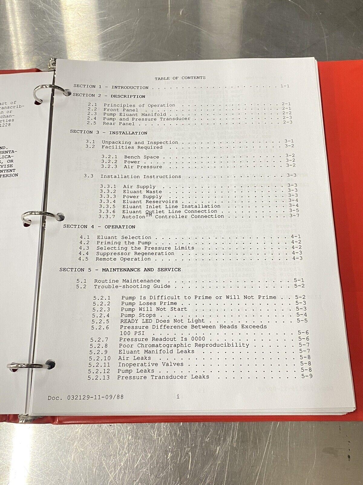 Dionex Ion Chromatography Pump Detector- Users Guide / Instruction Book / Manual