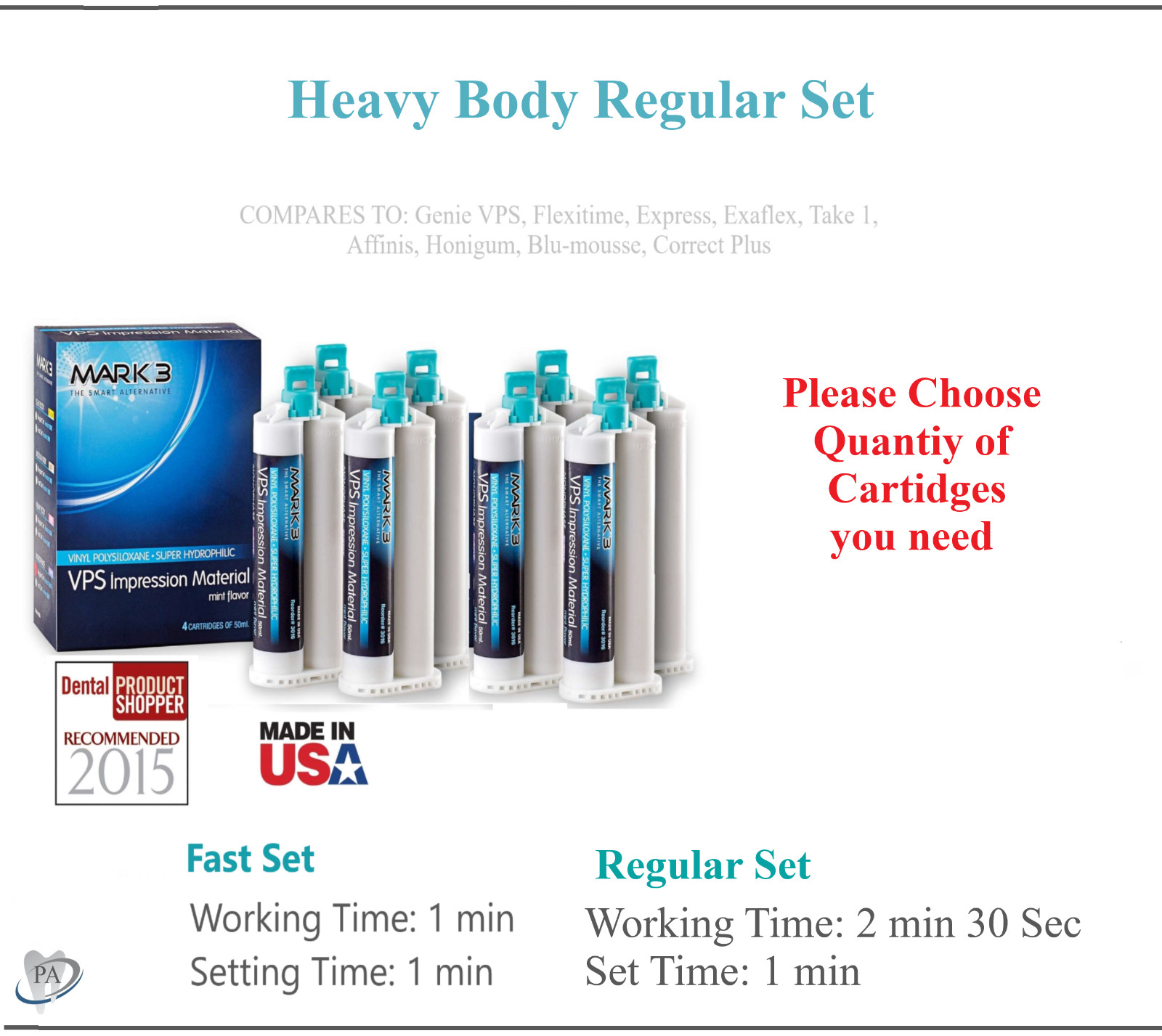Dental HEAVY BODY REGULAR Set PVS VPS Impression Material 50ML Cartridges Mark3