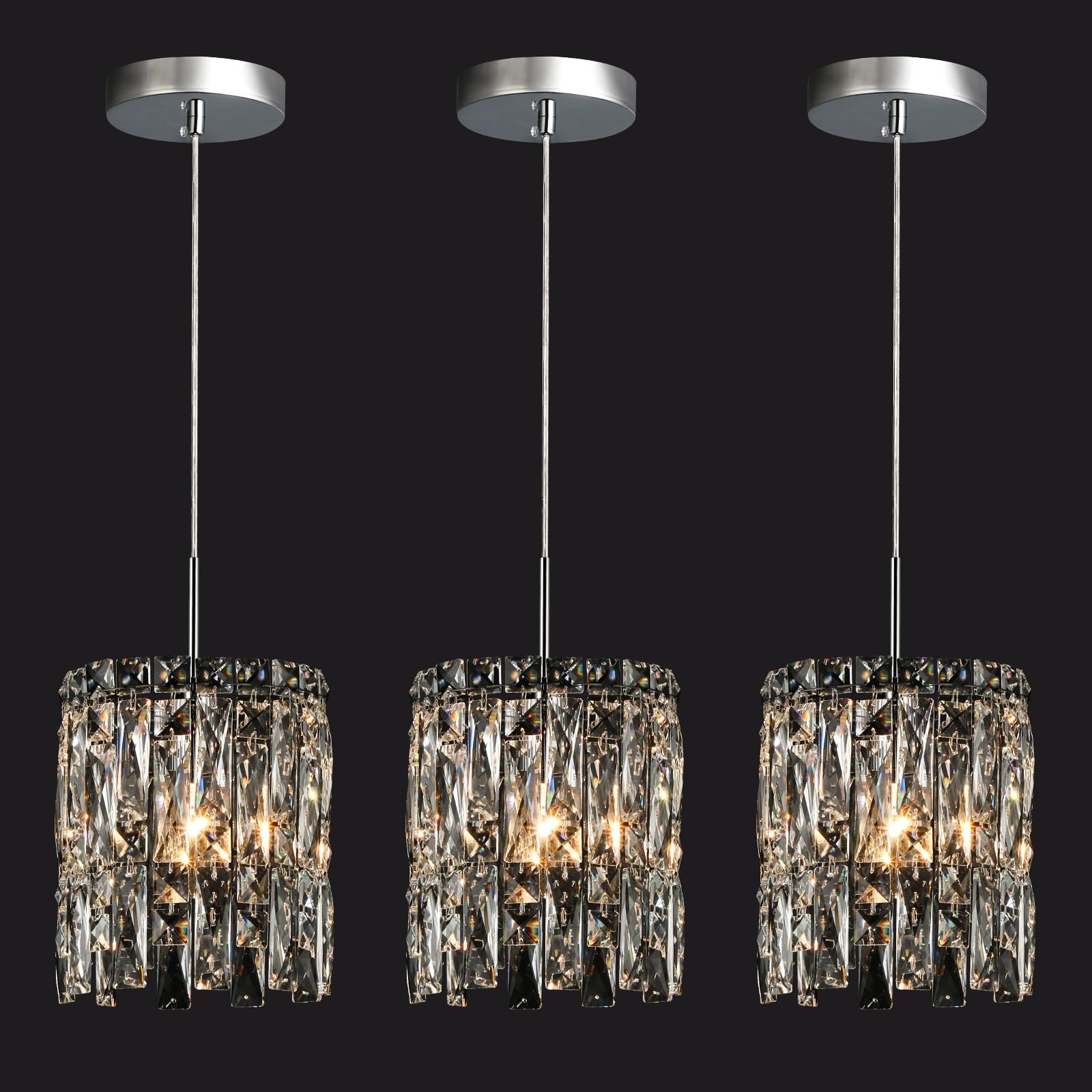 Modern K9 Crystal Pendant Lights Kitchen Island Set of 3,Chrome Chandeliers f...