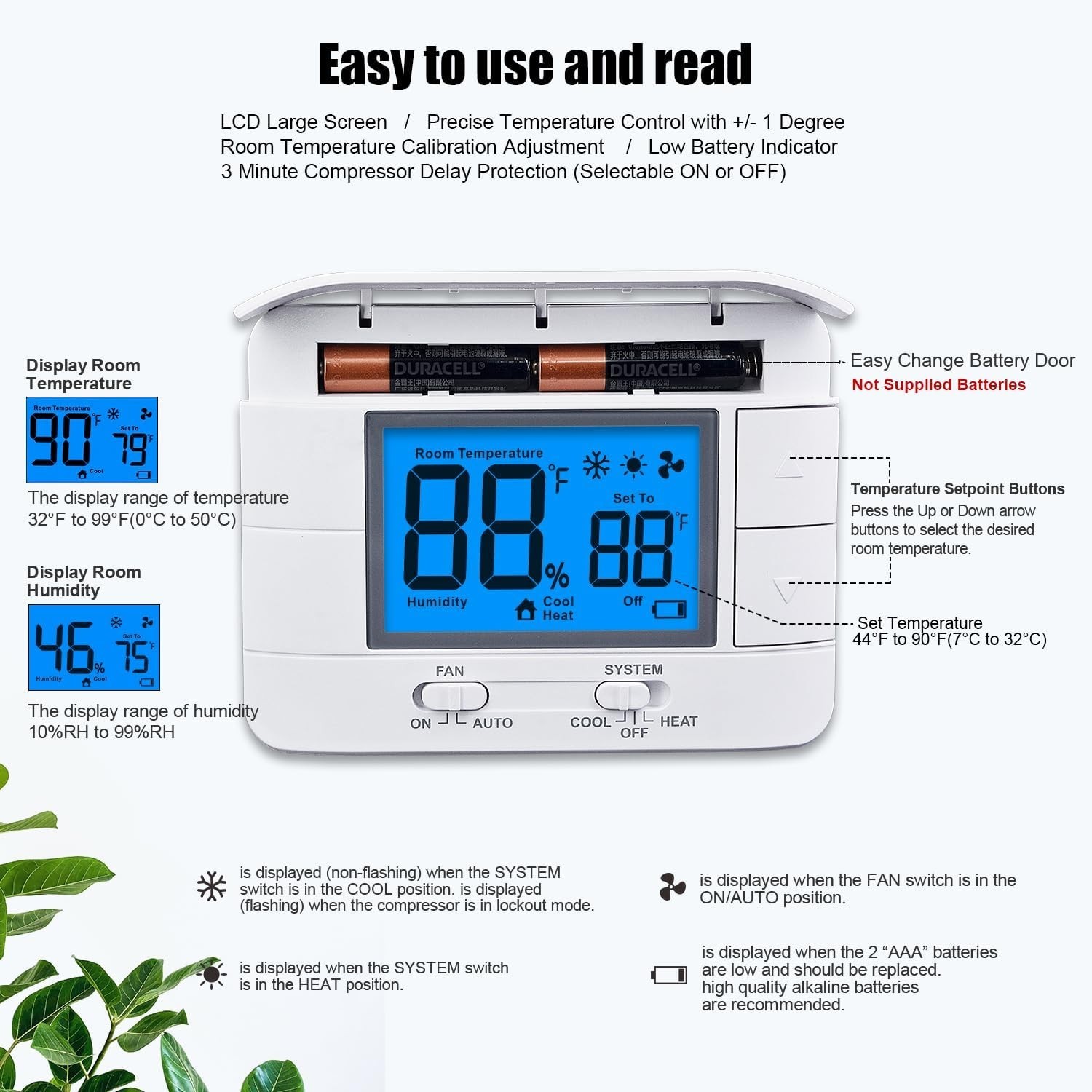 Single Stage 1H/1C Thermostat - Large LCD with Temperature & Humidity Display