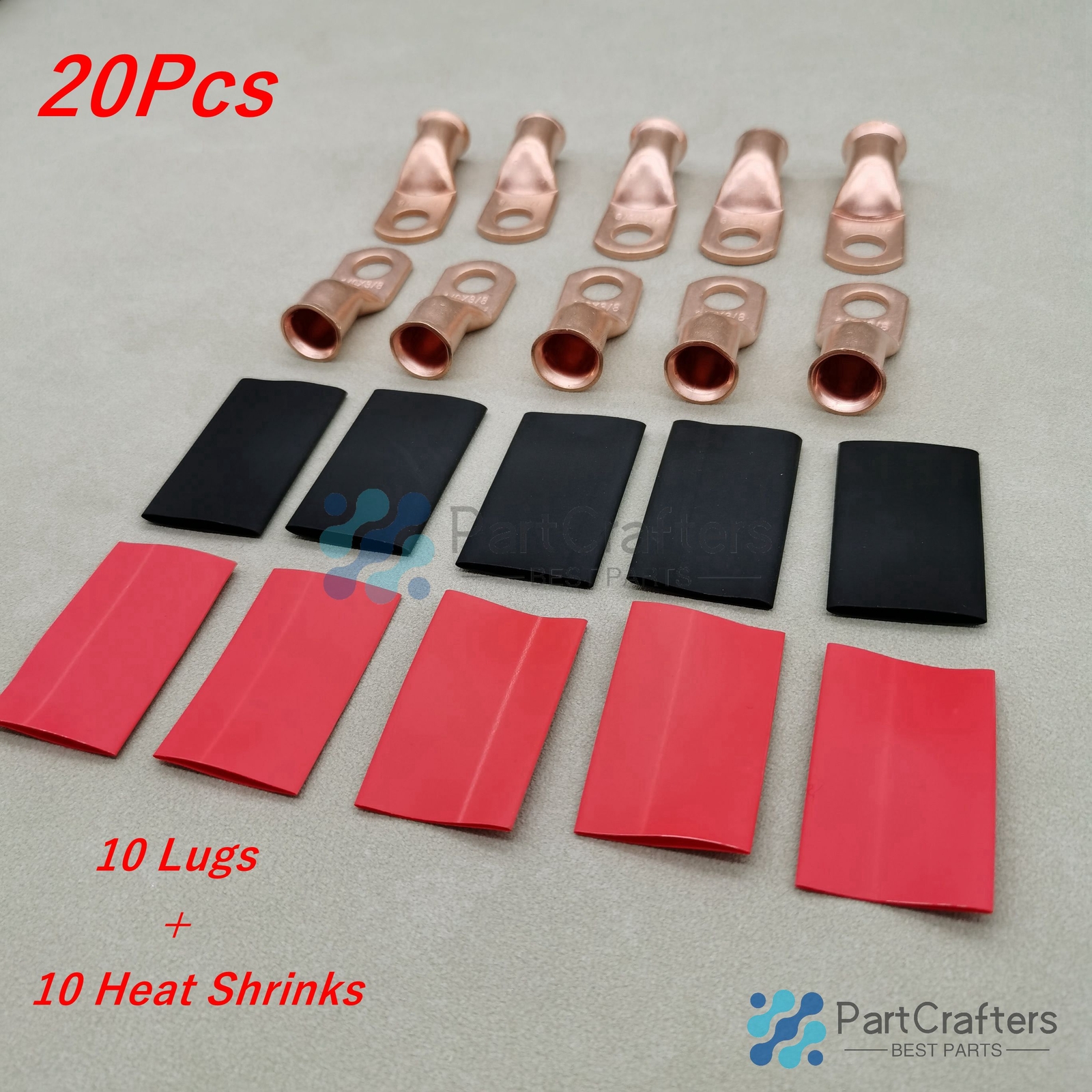 1/0 AWG Gauge Copper Lugs W/ BLACK & RED Heat Shrink Ring Terminals Wire 20Pcs