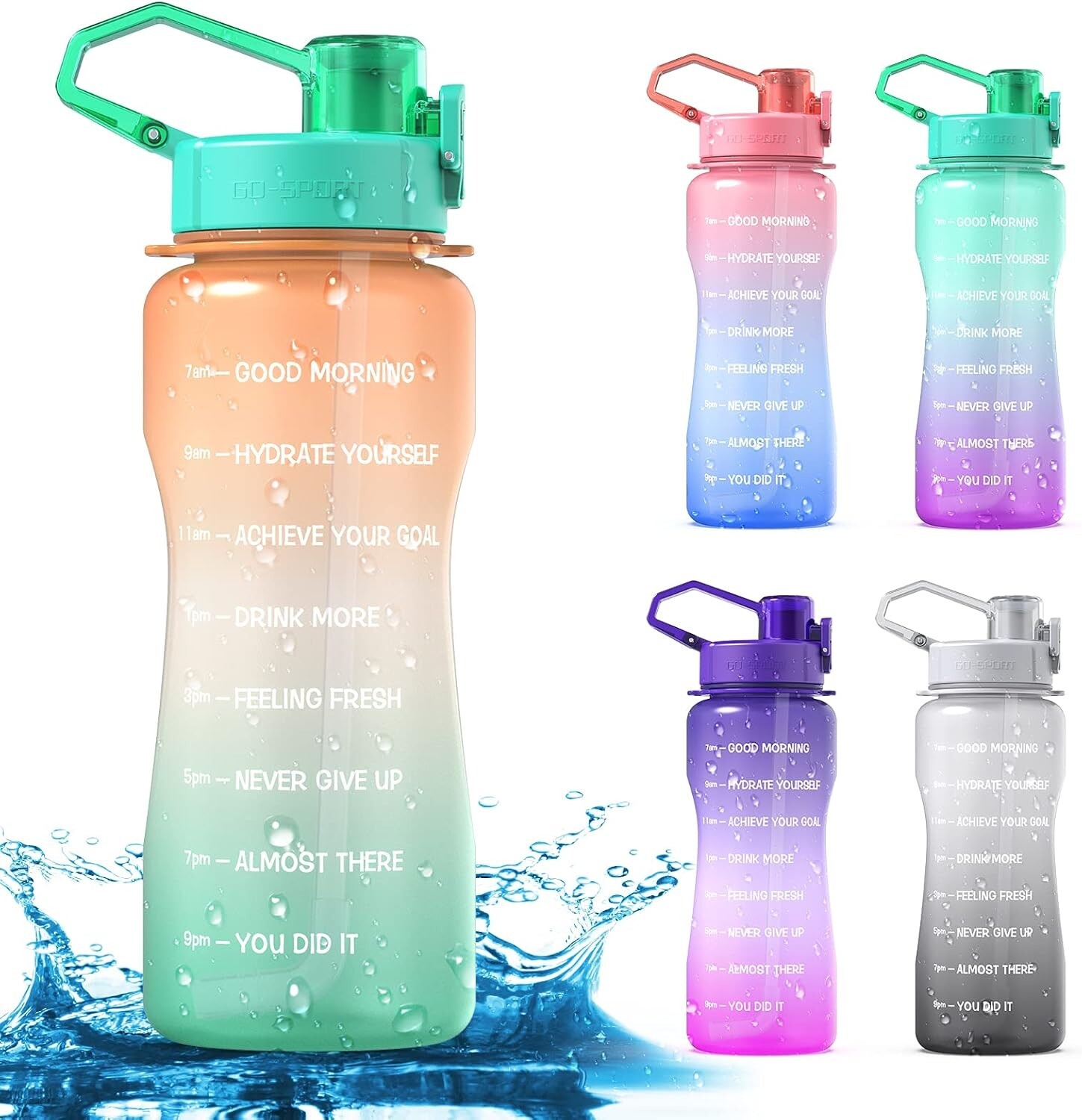 Y&3 64oz Half Gallon Water Bottle with Straw & 64 Ounces, Orange/Green Gradient