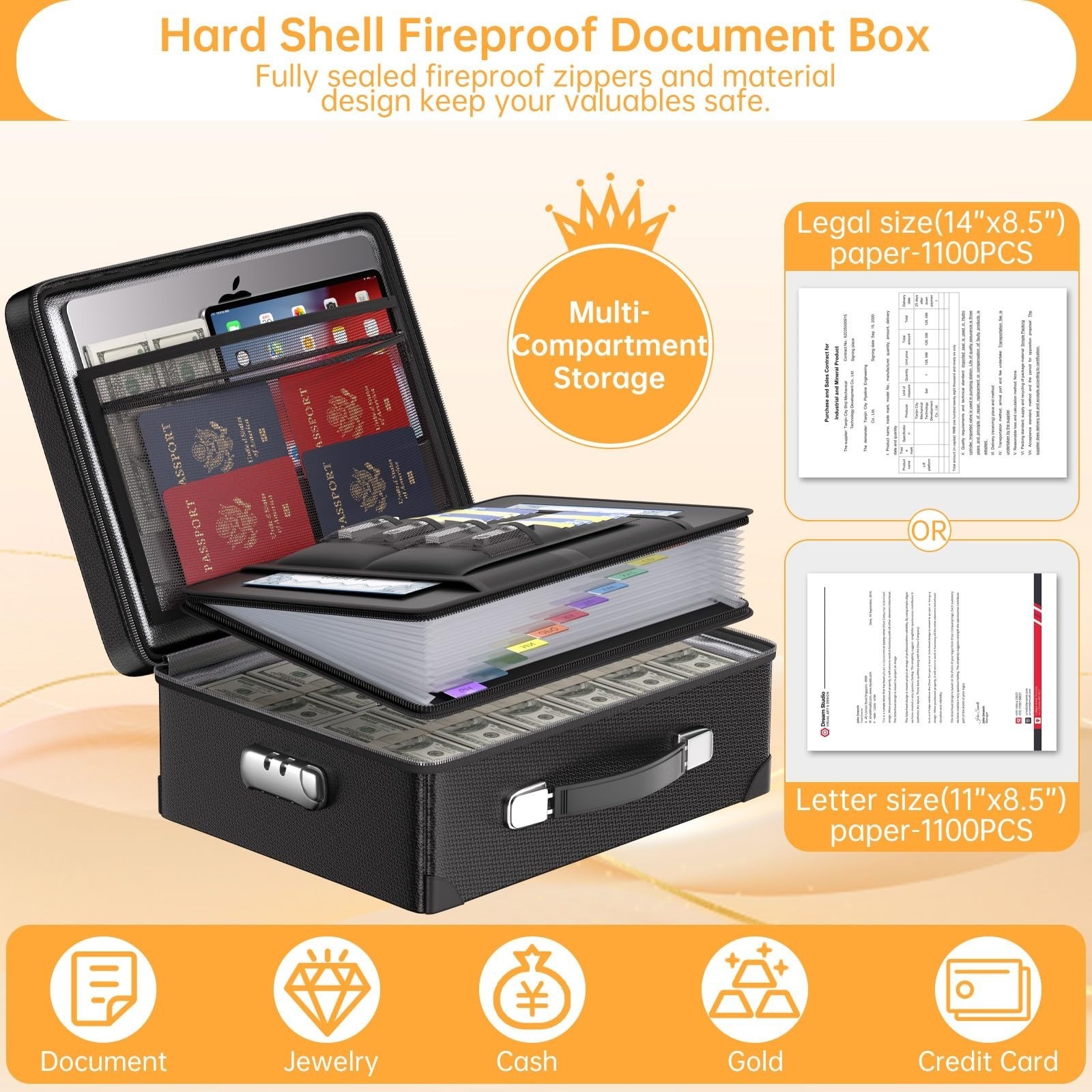 DocSafe 6400°F Fireproof Document Box with Lock, Water Resistant, Black